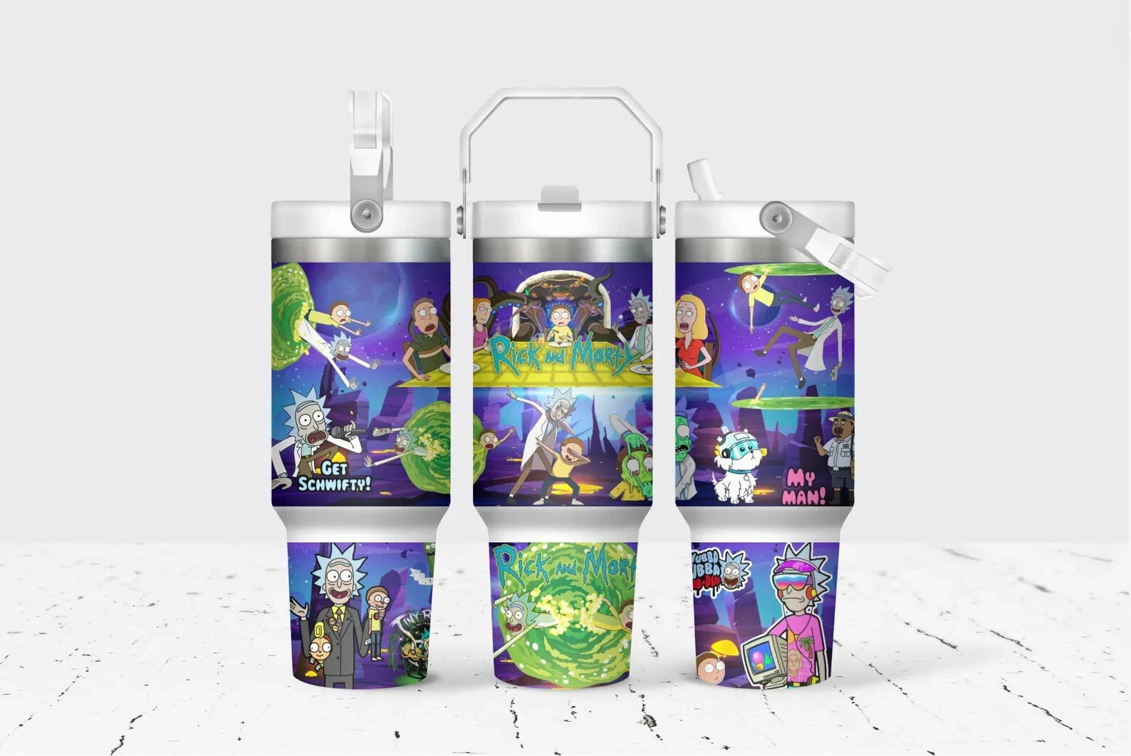 Cartoon Rick 30 Oz Flip Straw Tumbler With Handle