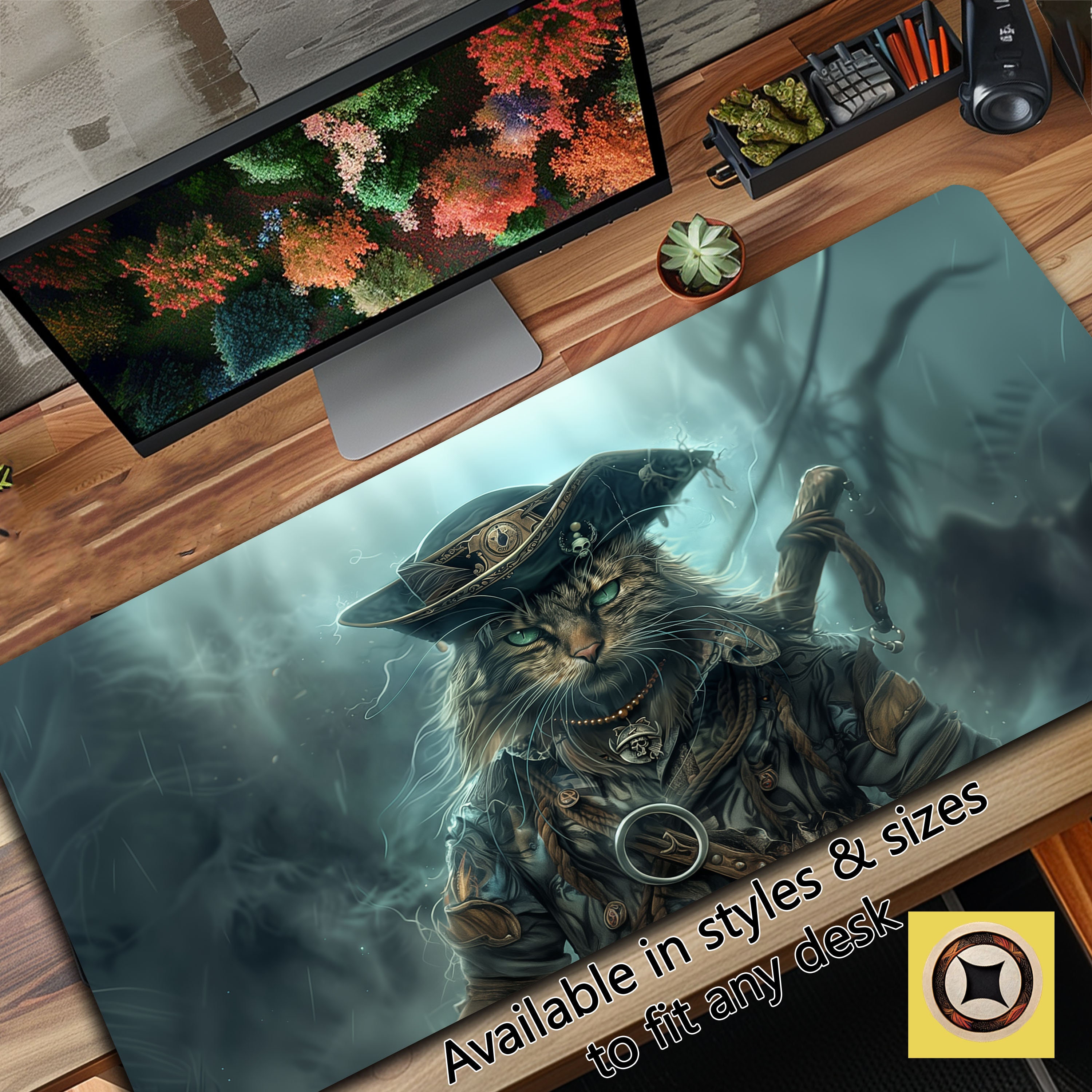 Pirate Cat Desk Pad - Large Nautical Mouse Pad with Mythical Feline