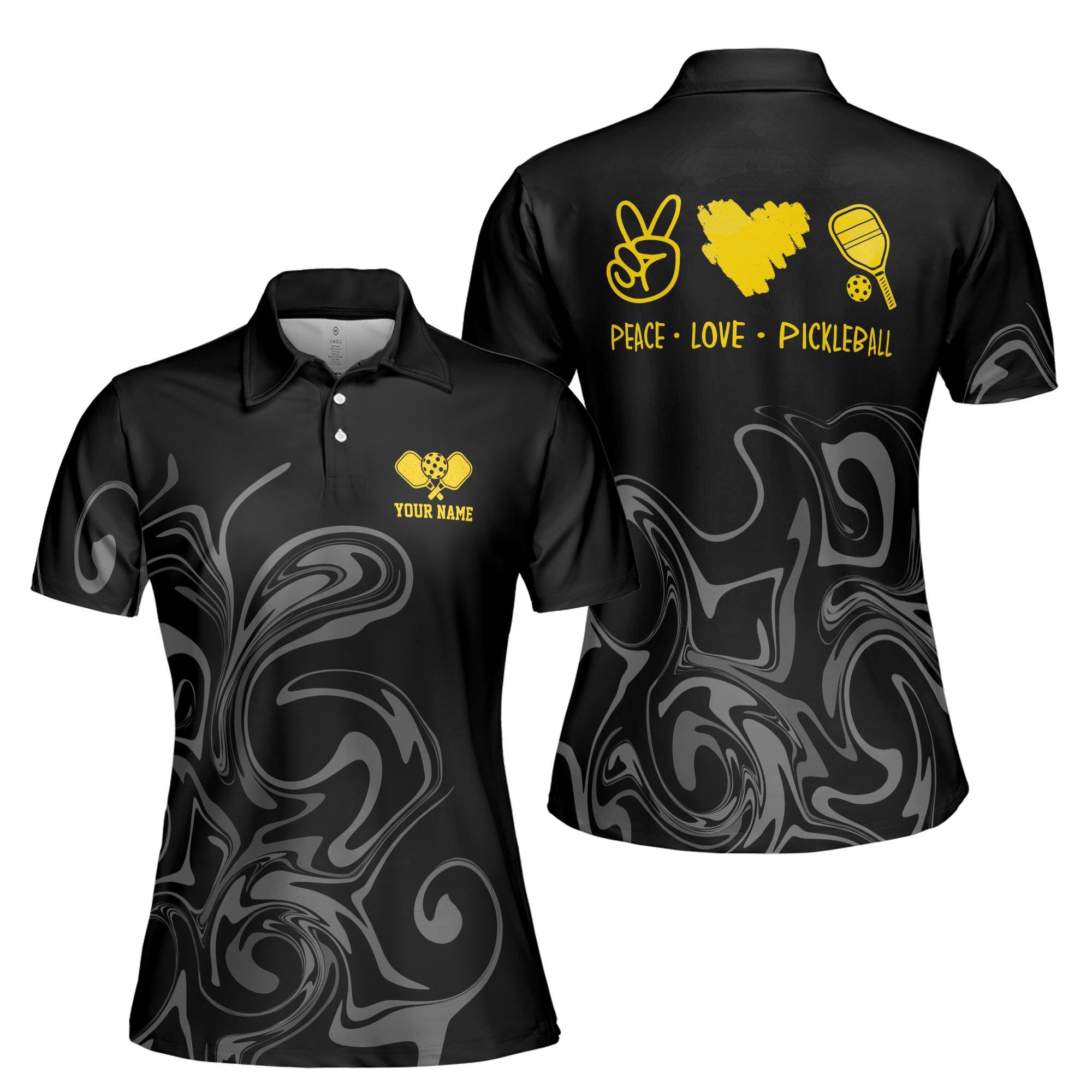 Custom Name Peace Love Pickleball Marble Pattern Women's Polo Shirt