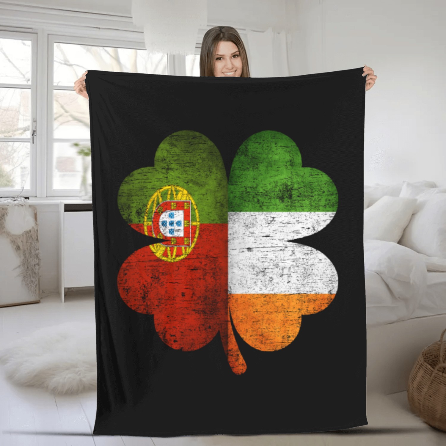 Portuguese Irish Shamrock Portugal Ireland Flag Fleece Blankets