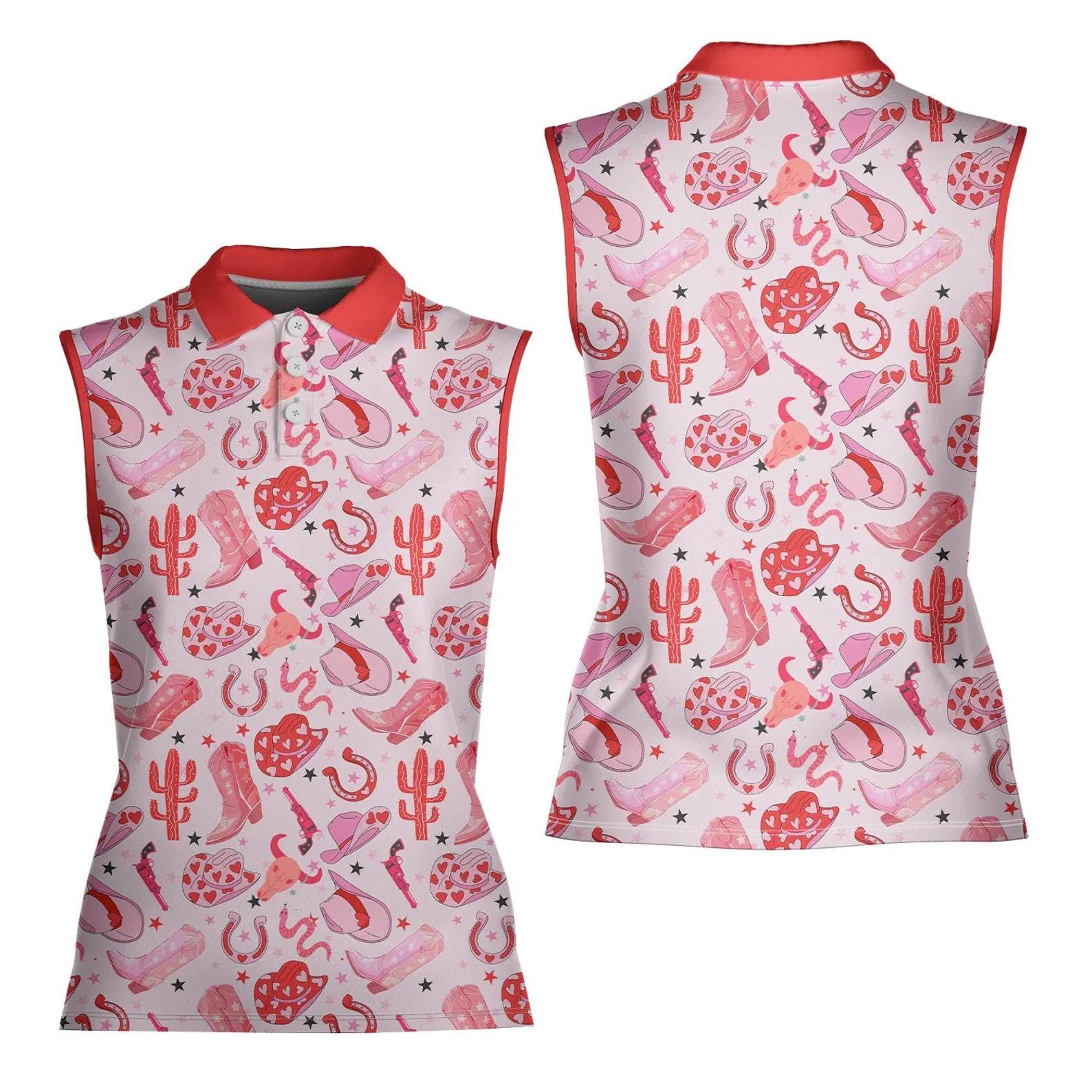 Pink Cowgirl Sleeveless Polo Shirt for Women, Western Boots & Hat Golf Polo, Cute Country Western Summer Top