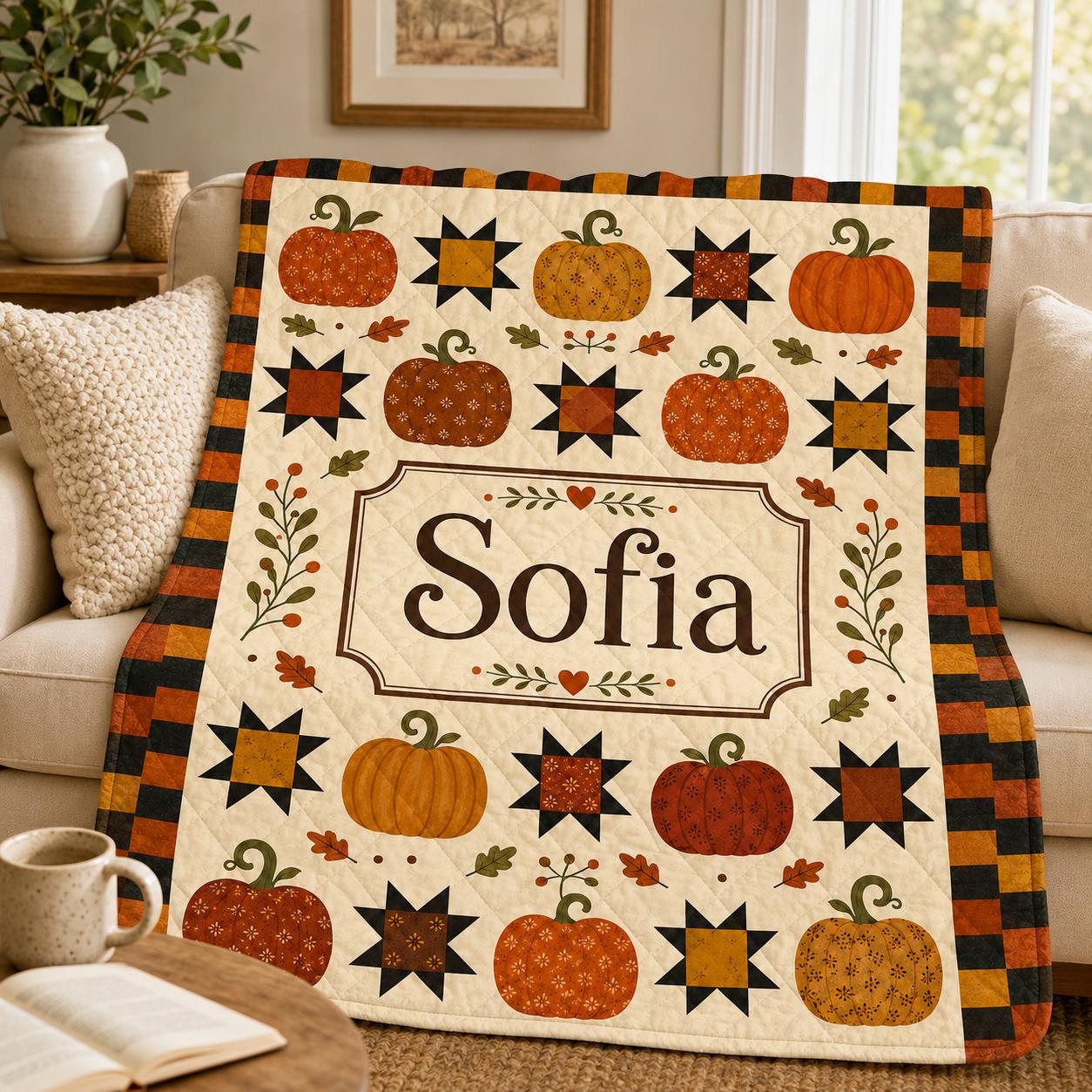 Personalized Pumpkin Quilt Blanket, Custom Name Fall Throw, Autumn Patchwork Quilt, Farmhouse Thanksgiving Decor, Cozy Fall Gift