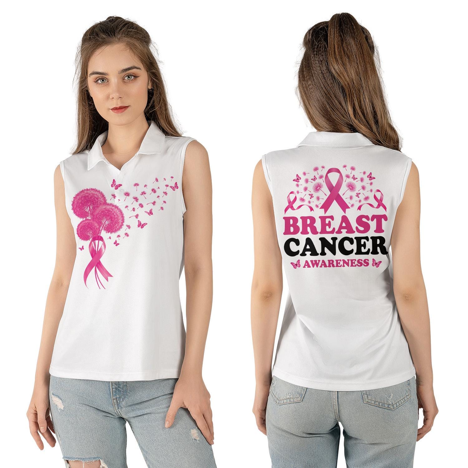 Women's Sleeveless Pink Ribbon Polo Shirt, Breast Cancer Awareness Outfit, Cancer Support Clothing