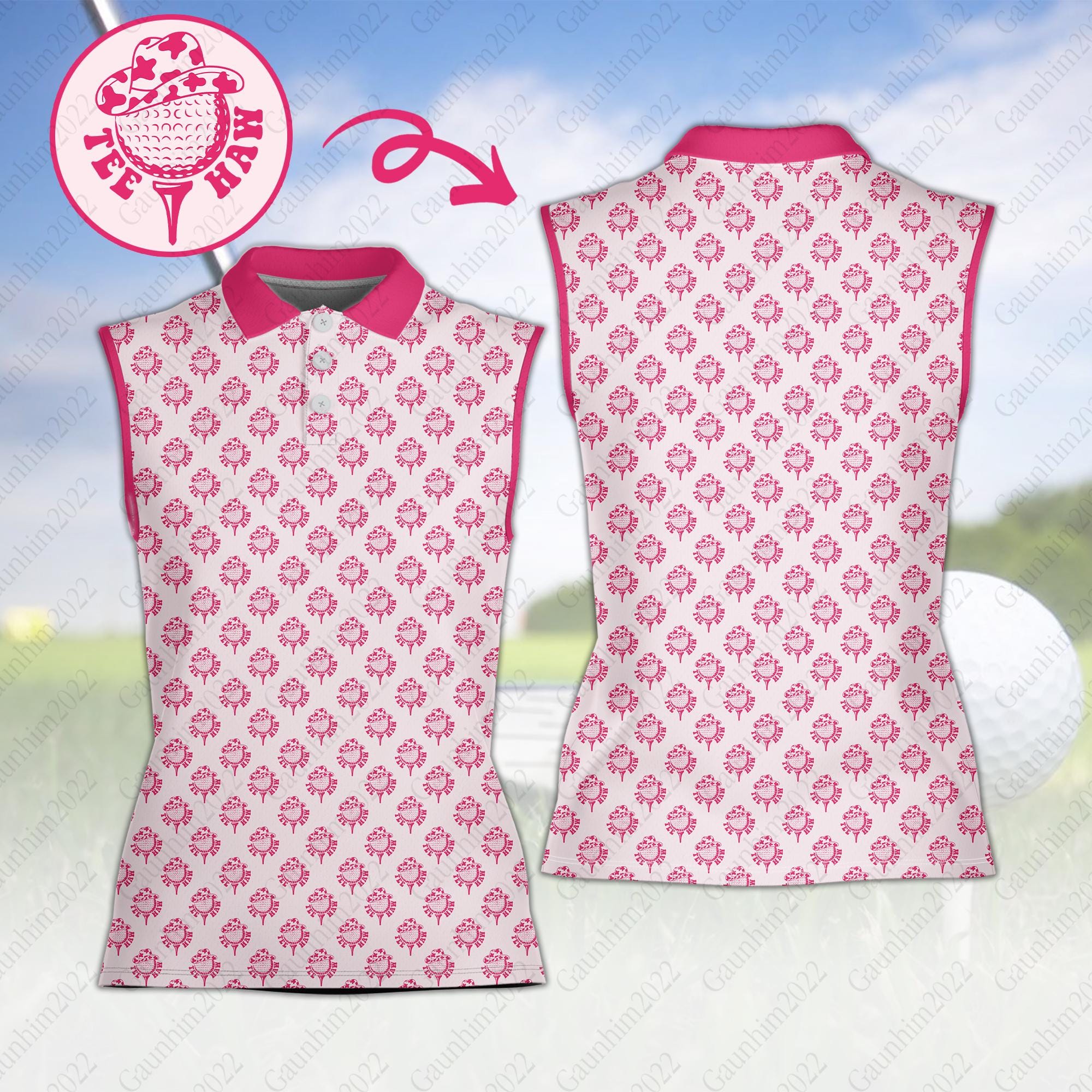 Tee Haw Western Cowboy Hat Golf Polo Shirt, Cowgirl Ladies Sleeveless Polo Shirt, Pink Western Golf Polo Shirt For Women, Golf Lovers Gifts