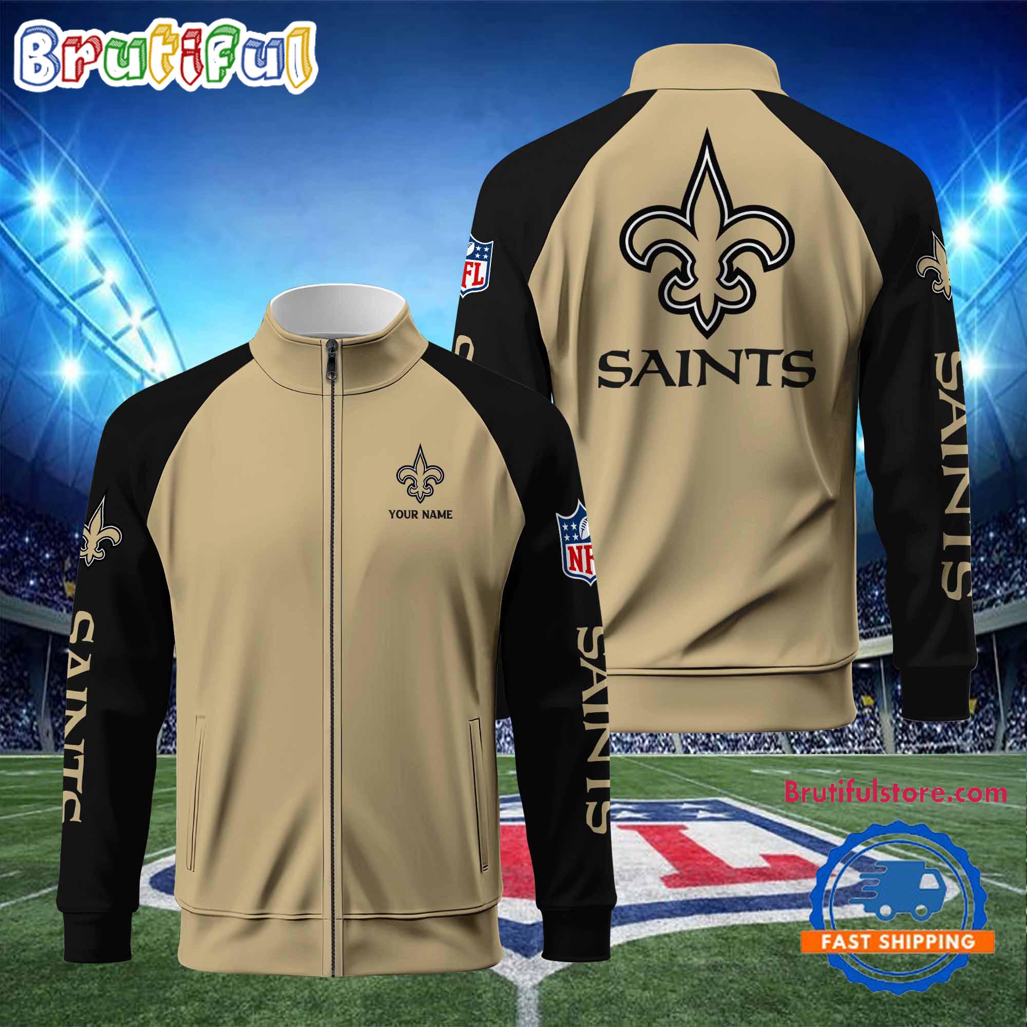 New Orleans Saints Football Team Custom Name Standing Neck Zipper Jacket