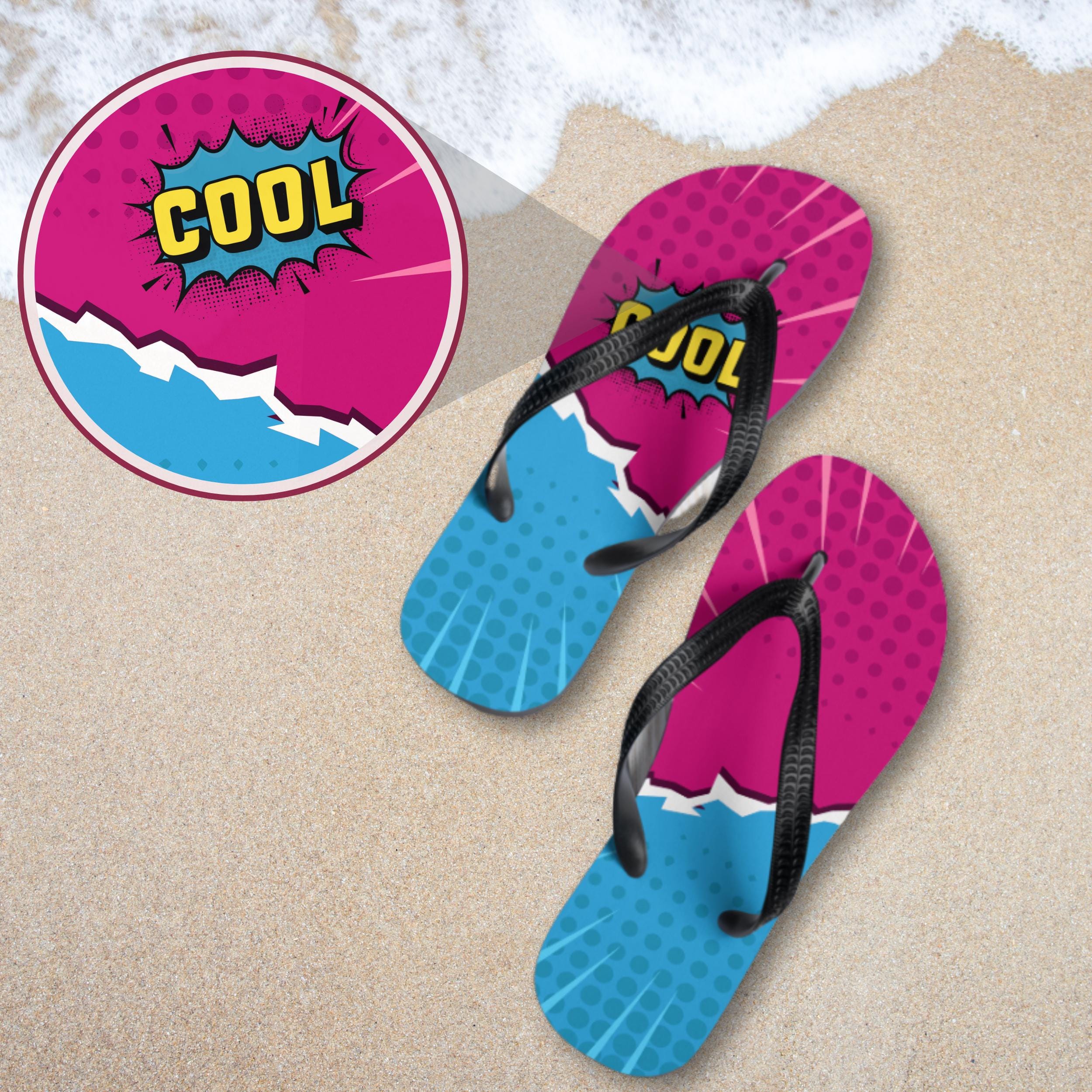 Comic Style Flip Flops, Pop Art Sandals, Bold Graphic Design, Summer Vacation Gift