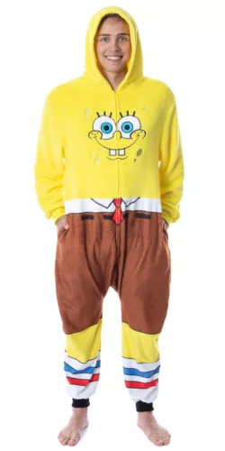 Nick 90s Mens' SpongeBob SquarePants Costume Hooded Jumpsuit | Sleep Pajama