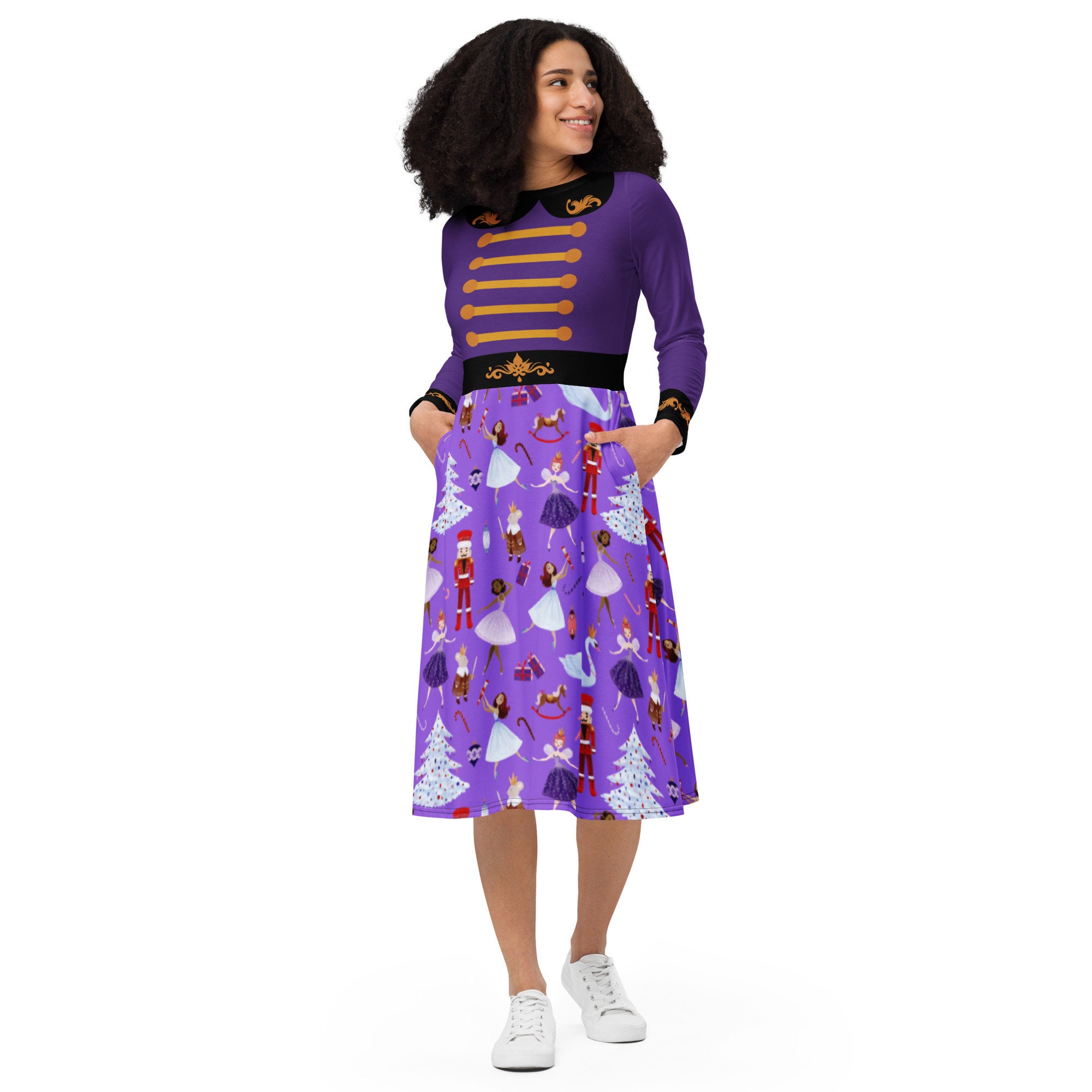 Women's Nutcracker Christmas Dress, Purple Holiday Midi Dress, Long Sleeve Dress