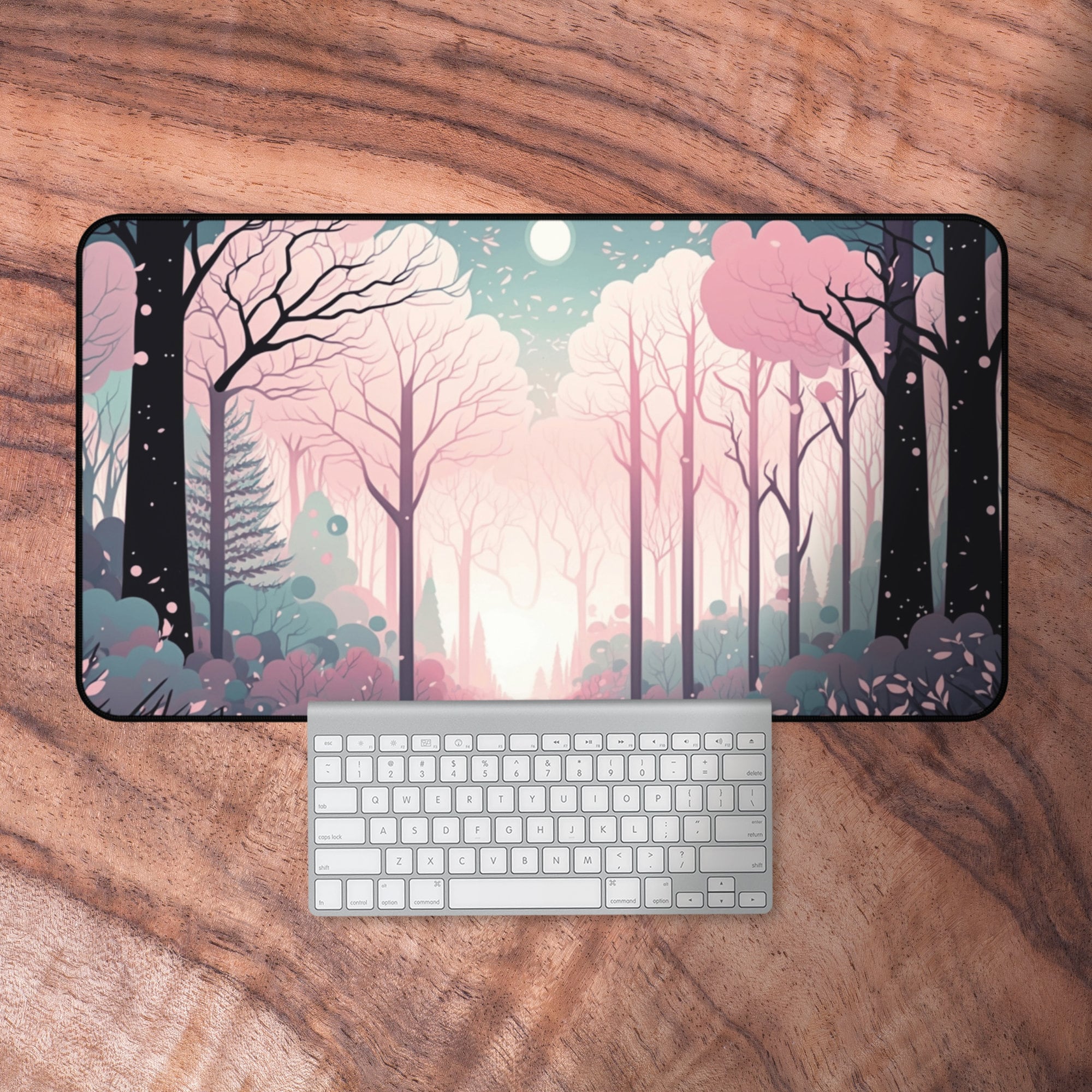 Pink Kawaii Desk Mat, Cute Enchanted Forest Mouse Pad