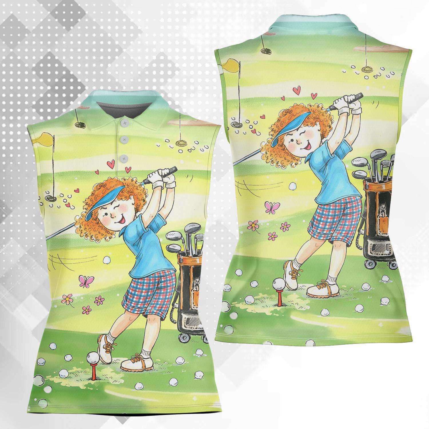 Women's Sleeveless Polo, Funny Golf Shirt, Cartoon Girl Golf Top, Summer Golf Outfit, Gift for Golf Fans
