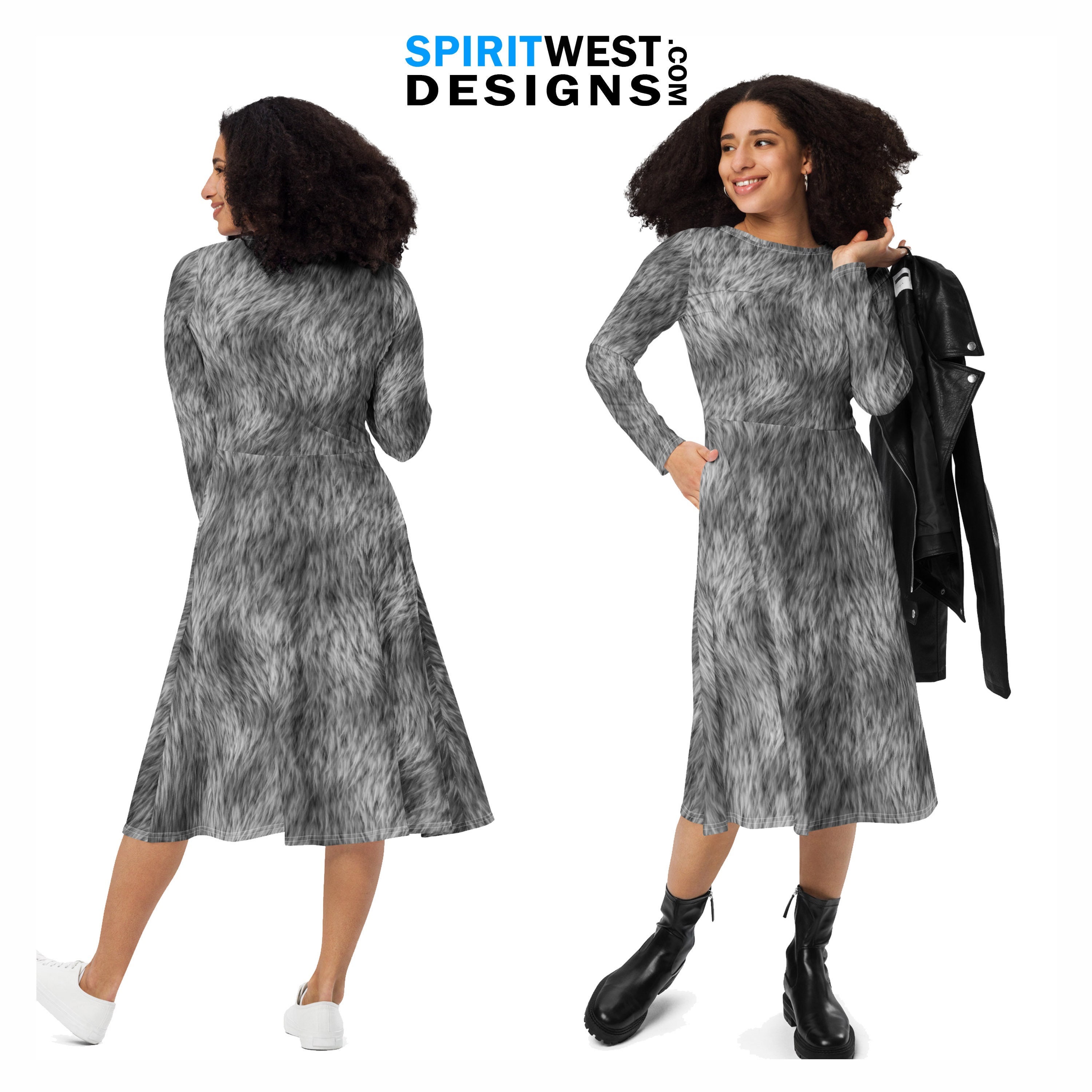 Grey Fur Print Costume Wolf Cat Dog Dress Long Sleeve Pocket Dress Furry Cosplay Halloween Dance Gift