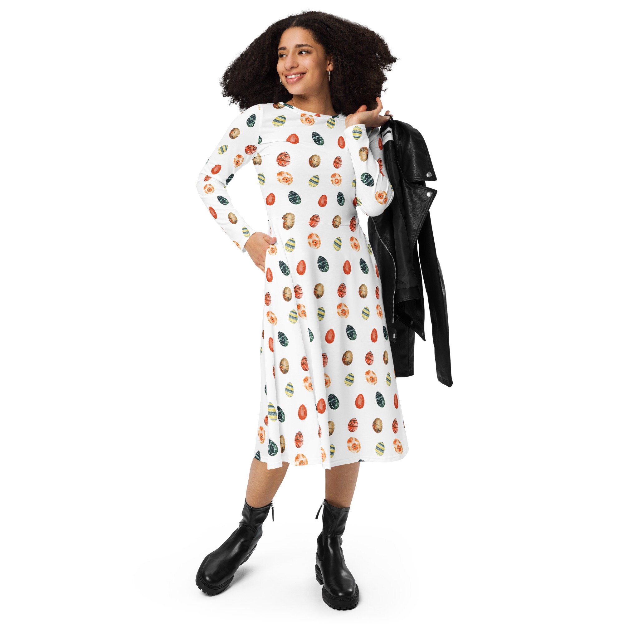 Easter Eggs Long Sleeve Midi Dress Women's Spring Dress