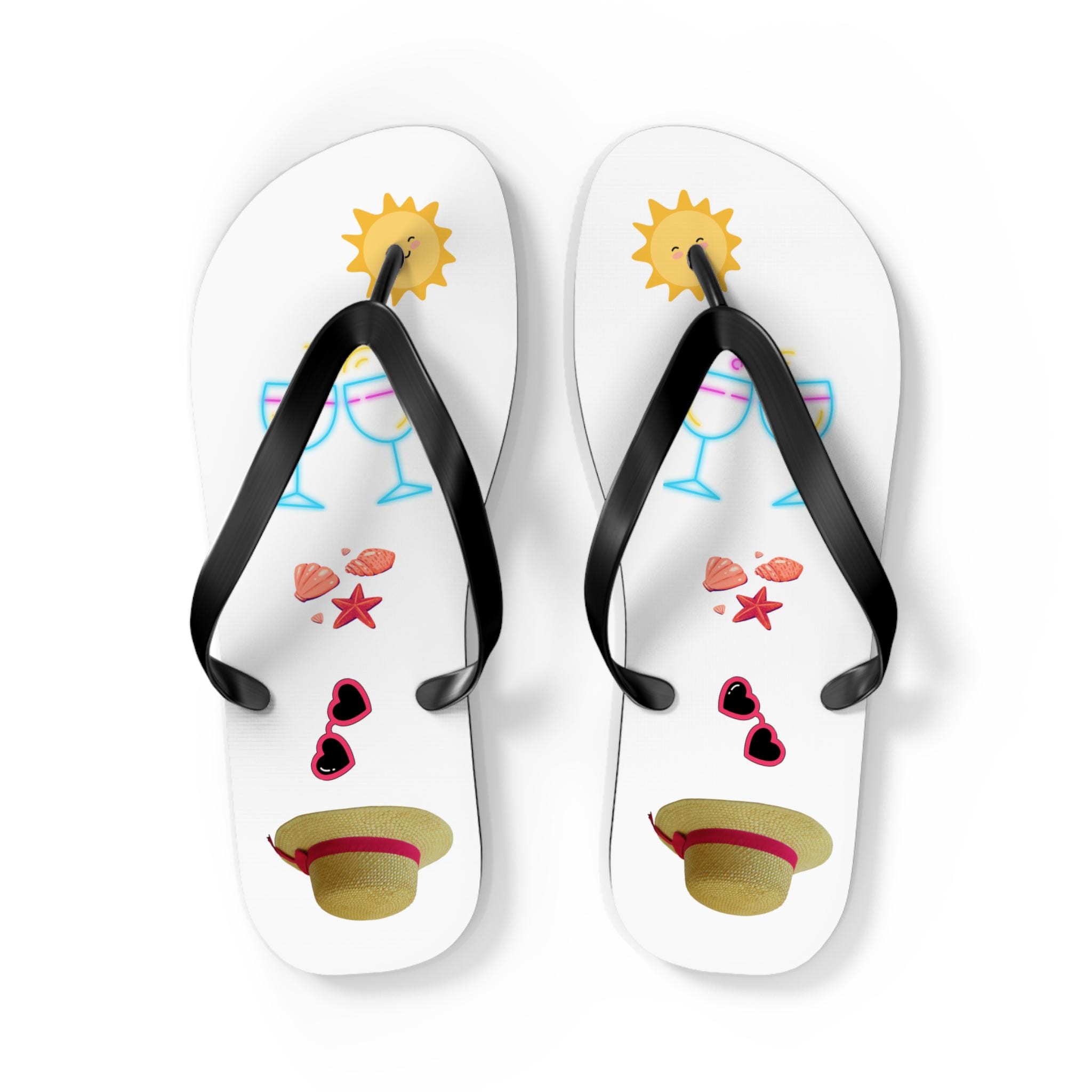 Unique Sun, Summer, Sea Creatures, Hat and Sunglasses Designed Flip Flops, Print On Demand,flip flops