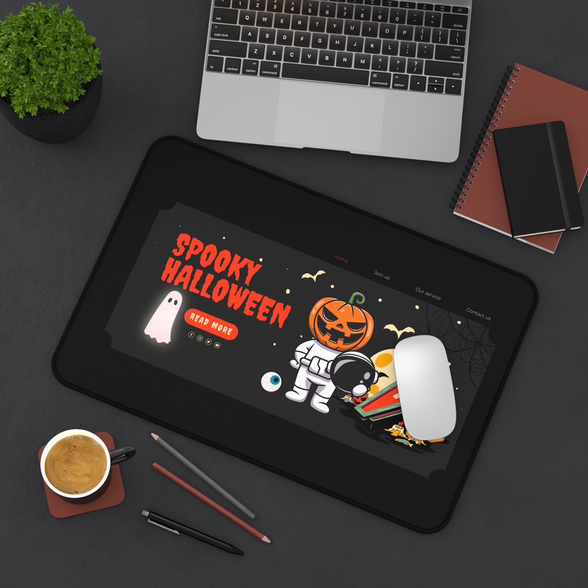 Spooky Halloween Desk Mat: Pumpkin Astronaut, Ghosts & Bats