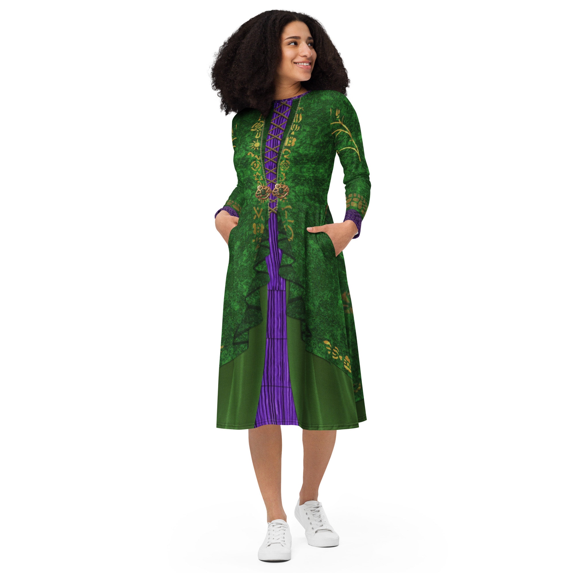 Winifred Sanderson Inspired All-over print long sleeve midi dress