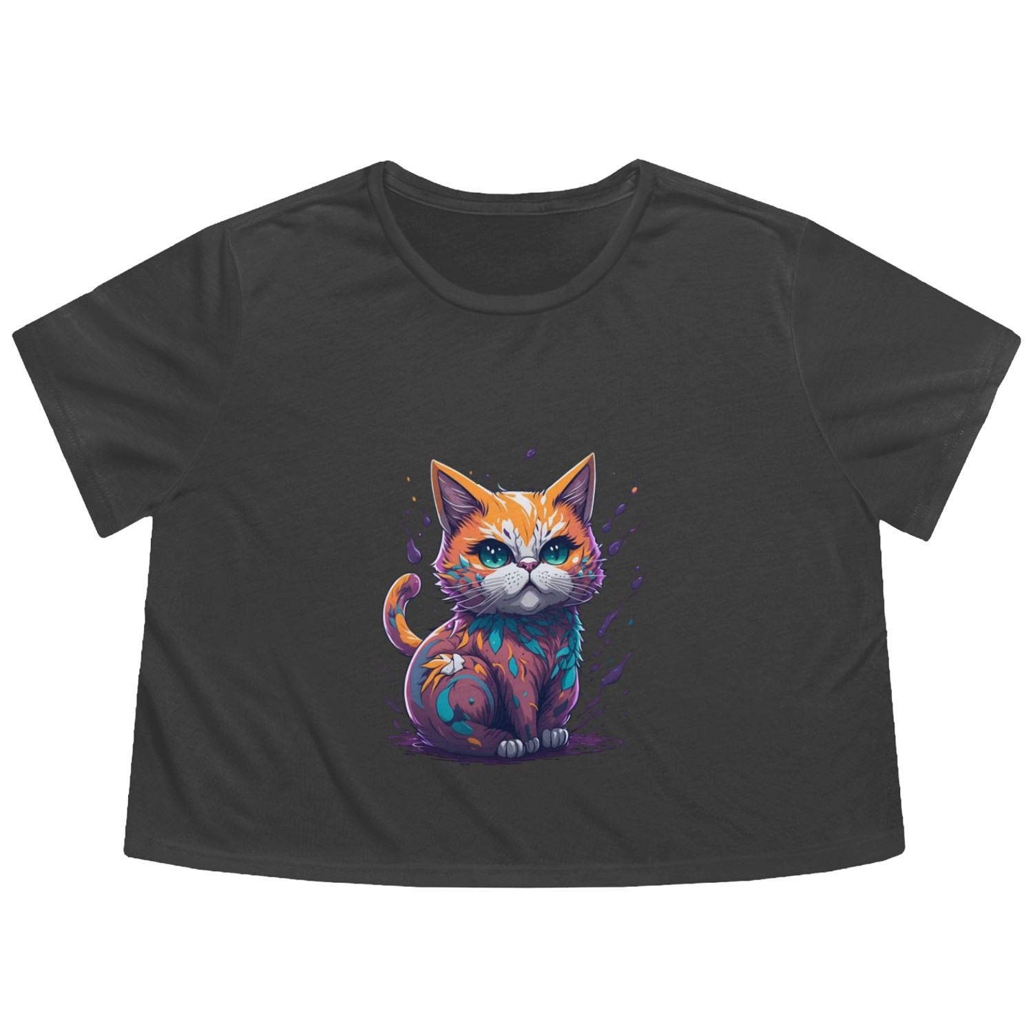 Adorable cute cat sitting, Vibrant Colorful splash Flowy Cropped Tees