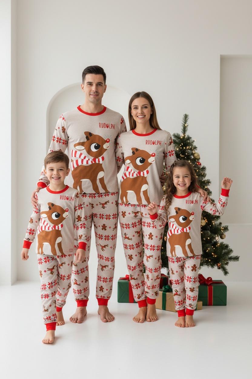 Rudolph Long Sleeve Pajamas Set for Adults, Reindeer Christmas Family Pajamas, Cartoon Holiday Matching Sleepwear