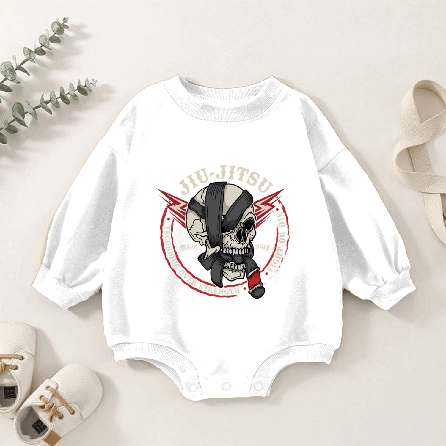 BJJ Skull - Fight or Die, Technique Over Strength Baby Romper Sweatshirts