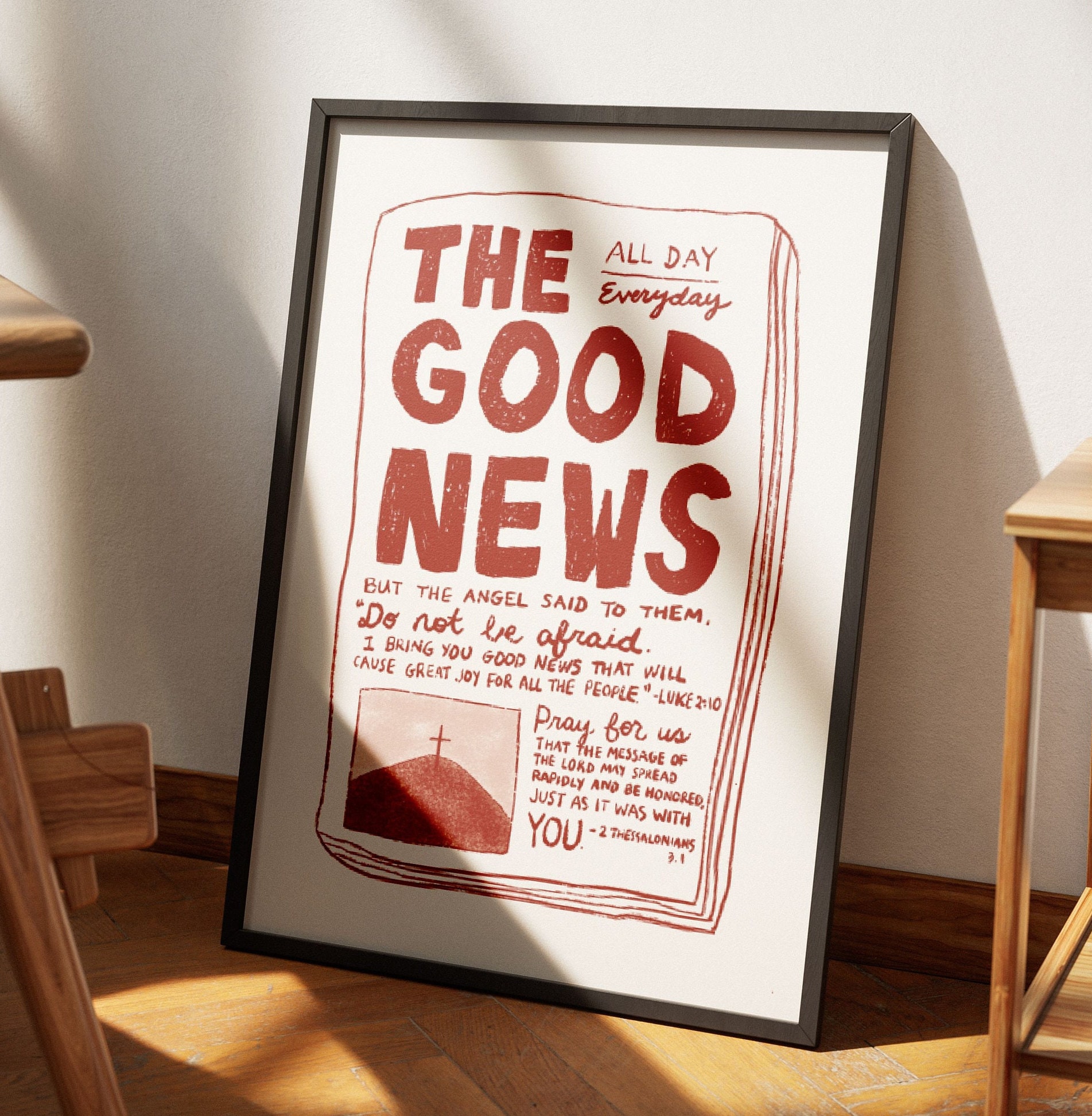 Aesthetic Christian Wall Art, Luke 2:10, 2 Thessalonians 3, Good News Art Print, Modern Bible Verse Wall Art, Red Biblical Scripture Poster