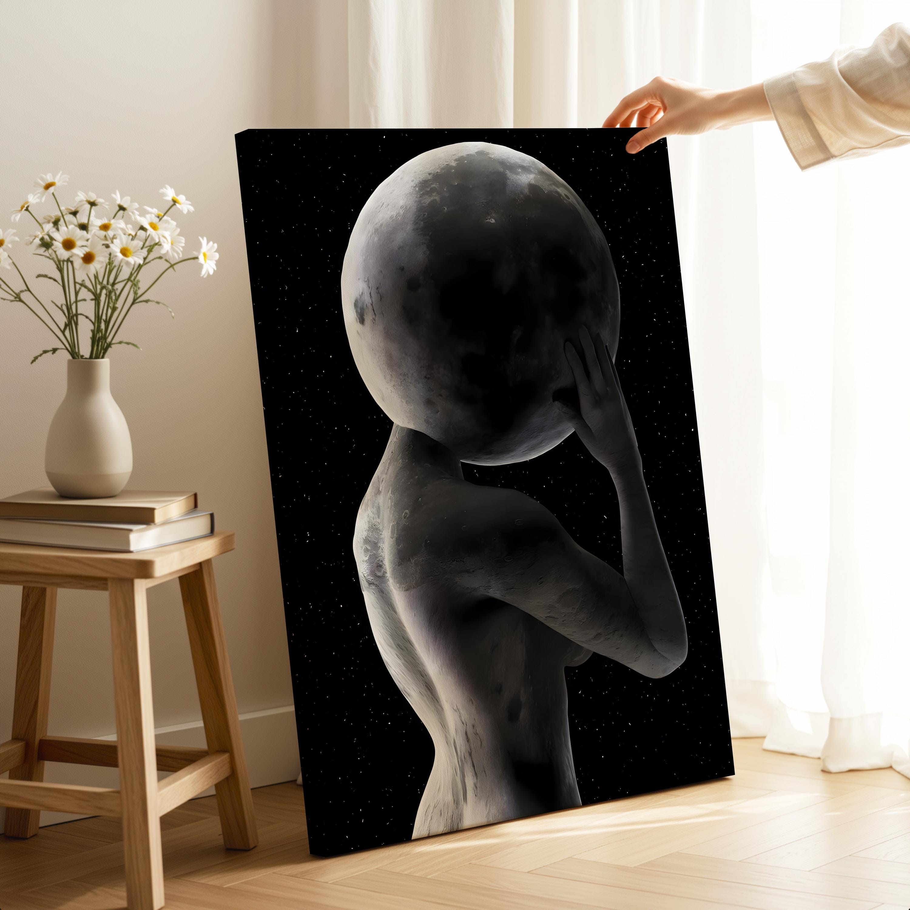 Surreal Moon Woman Canvas Art: Space Girl Print, Ready to Hang