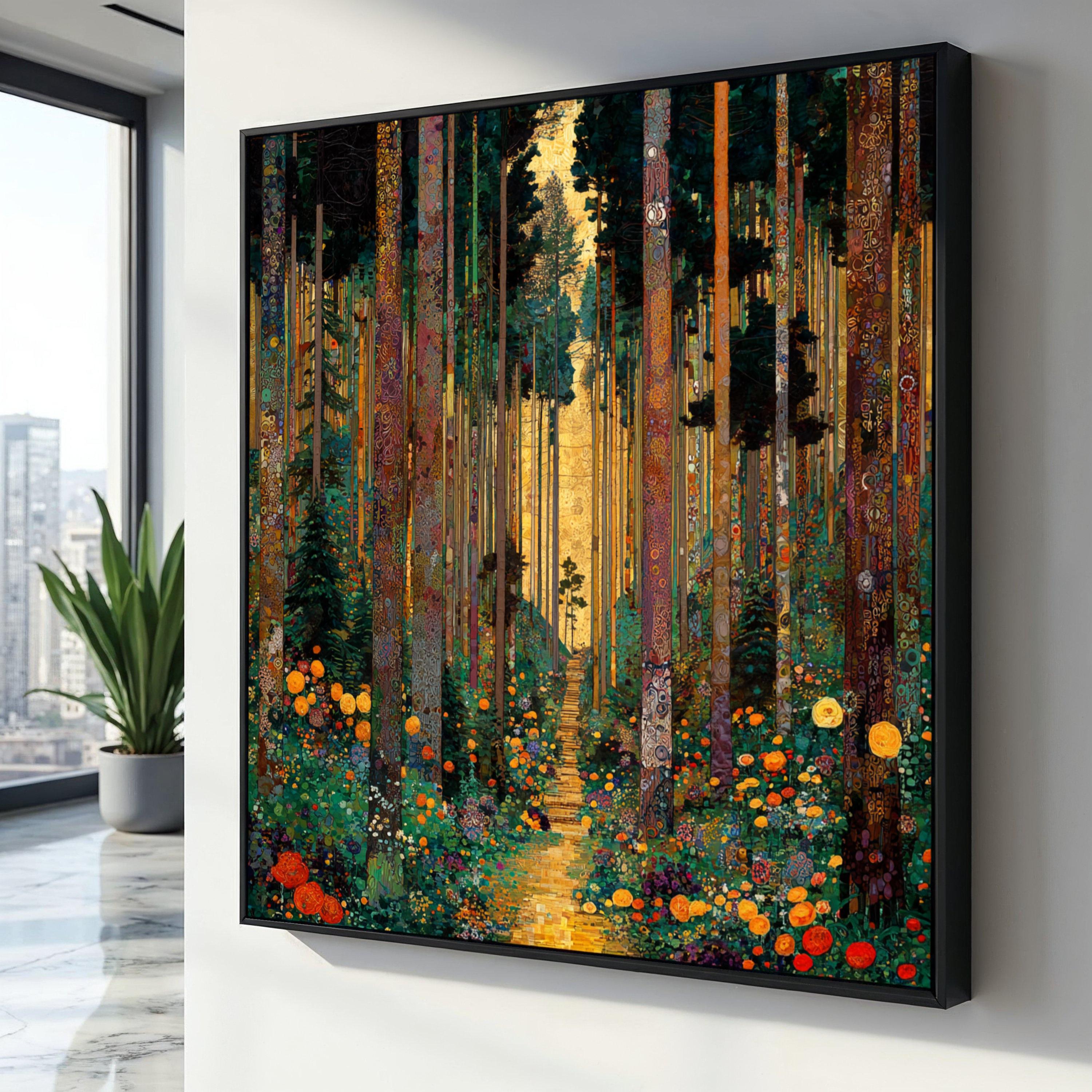 Gustav Klimt Forest Path Canvas, Colorful Floral Trees Wall Art, Golden Autumn Landscape Canvas, Nature Inspired Home Decoration