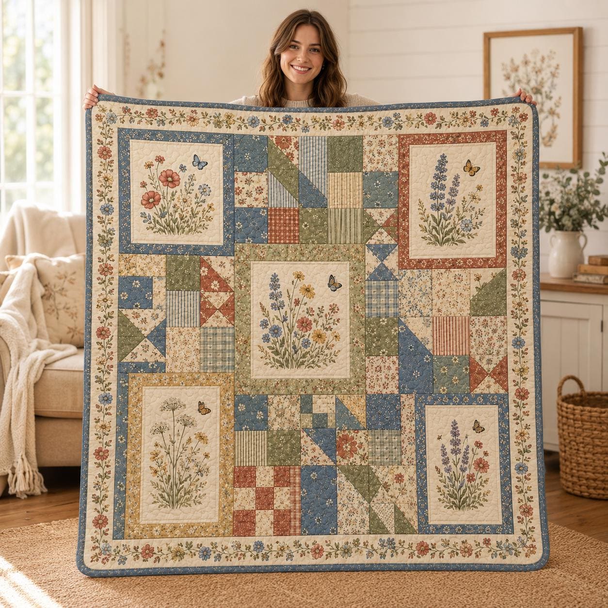 Cottagecore Floral Quilt Blanket, Vintage Wildflower Patchwork, Botanical Garden Cozy Farmhouse Blanket