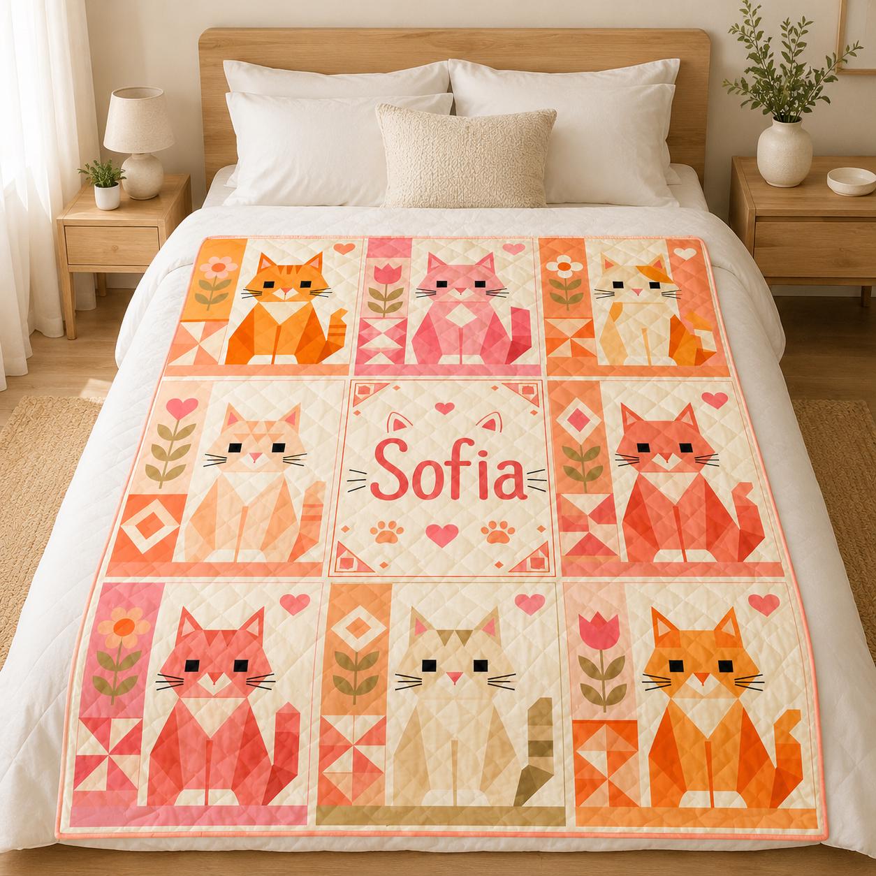 Personalized Cat Quilt Blanket, Custom Name Geometric Kitty Throw, Pink Orange Cat Blanket, Cat Lover Gift, Pastel Nursery Decor