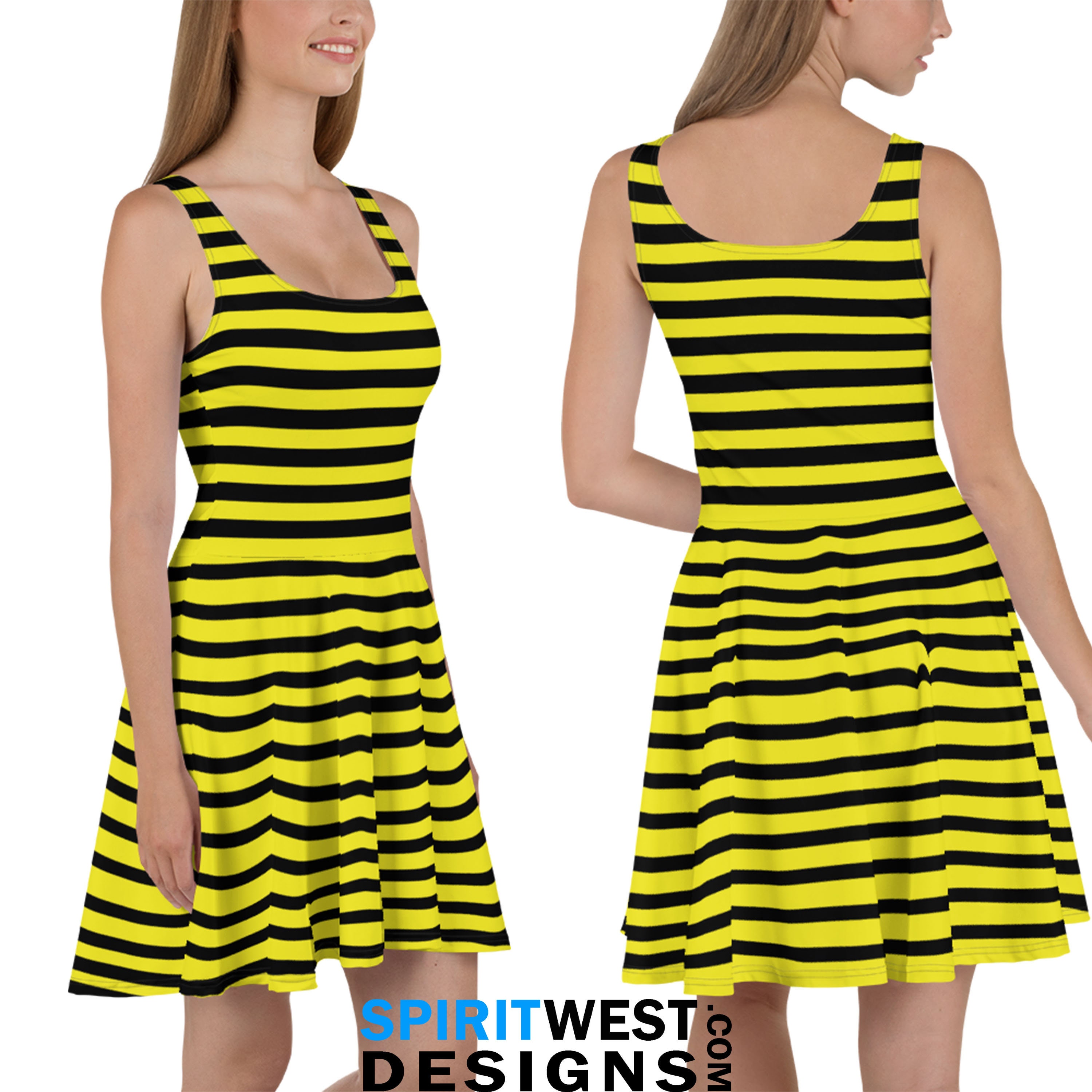 Bumblebee Costume Dress Skater, Honey Bee Cosplay Halloween Beekeeper Hornet Wasp Insect Yellow Black Striped Gardener