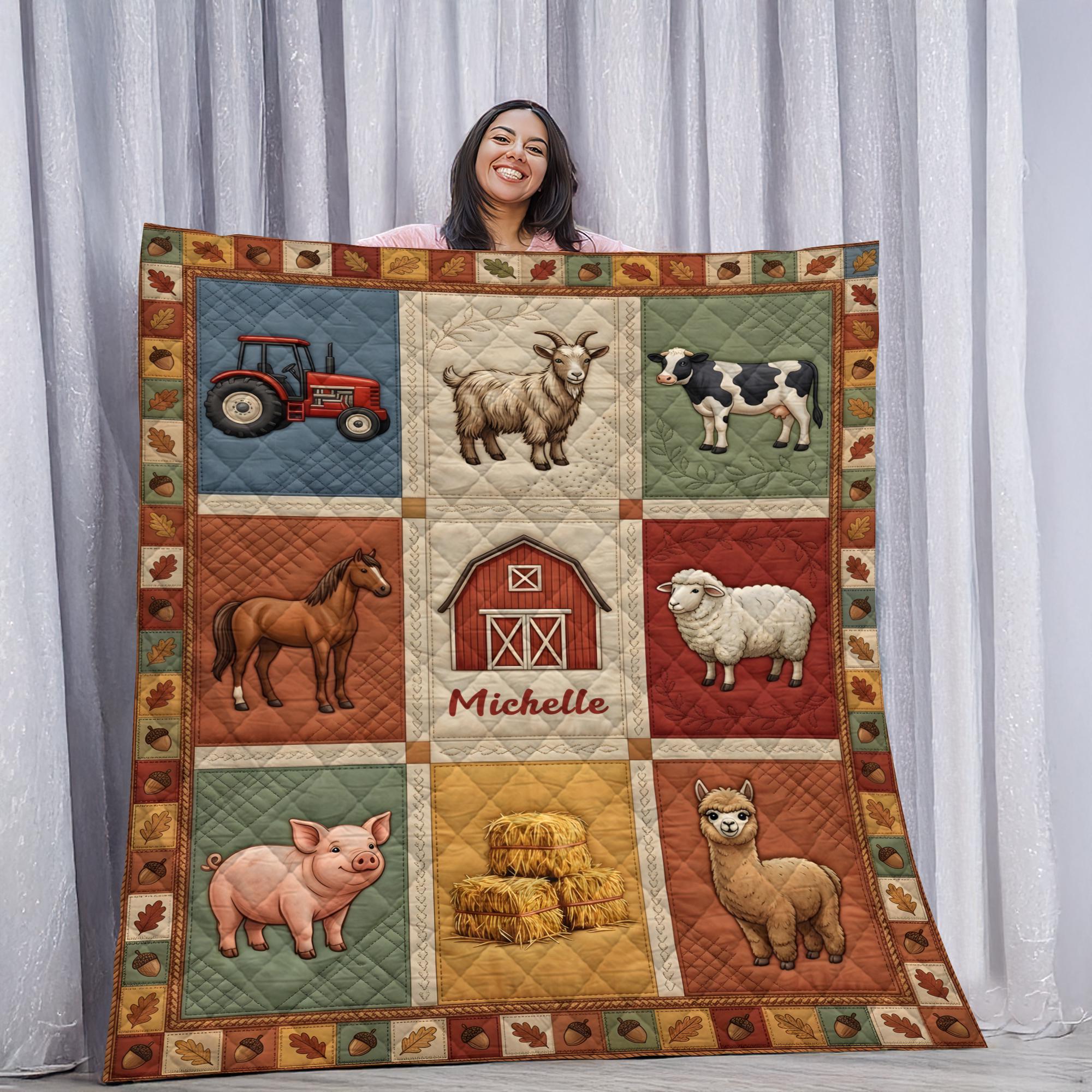 Personalized Farm Animal Quilt with Custom Name Barn Blanket for Rustic Country Bedding