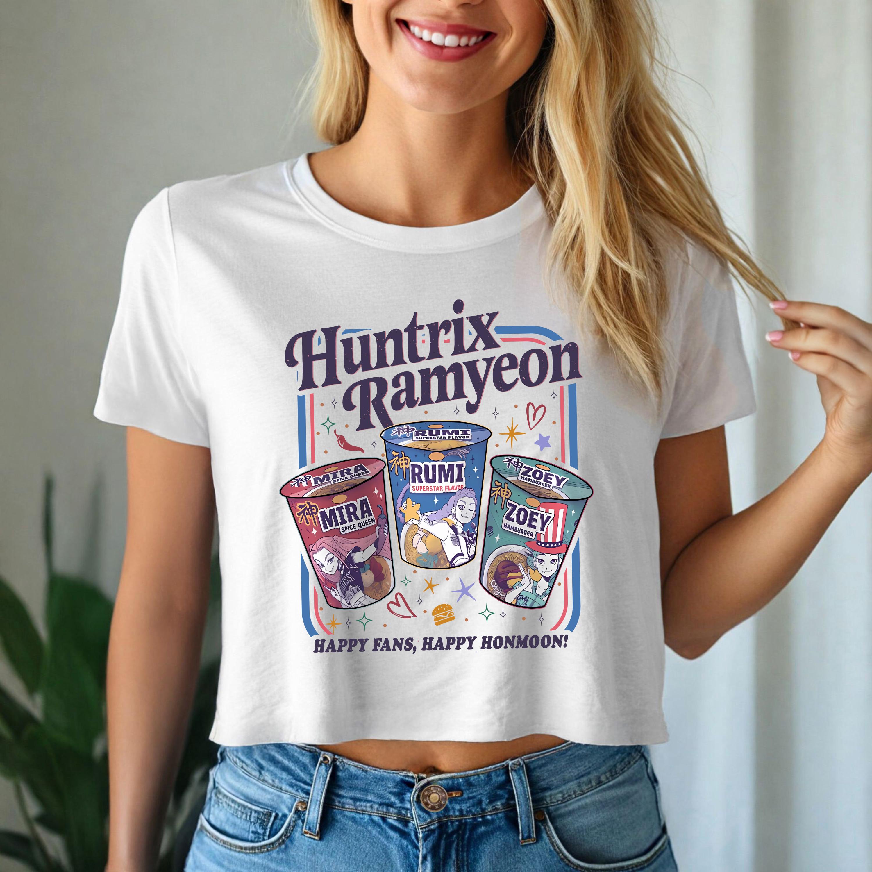 Kpop Demon Hunter Crop Top Huntrix Ramyeon Graphic Tee Cute K-pop Inspired Ramen Shirt for Fans