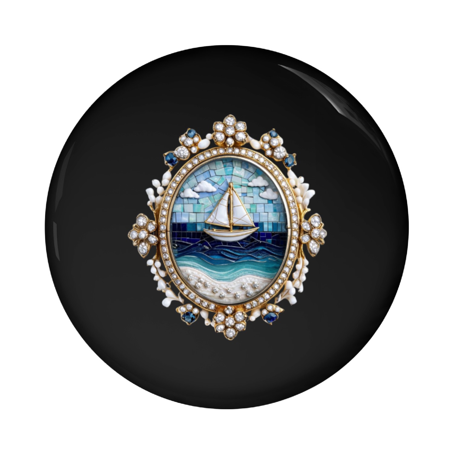 Nautical-Themed Brooch with Sailboat and Gemstones Pin Buttons