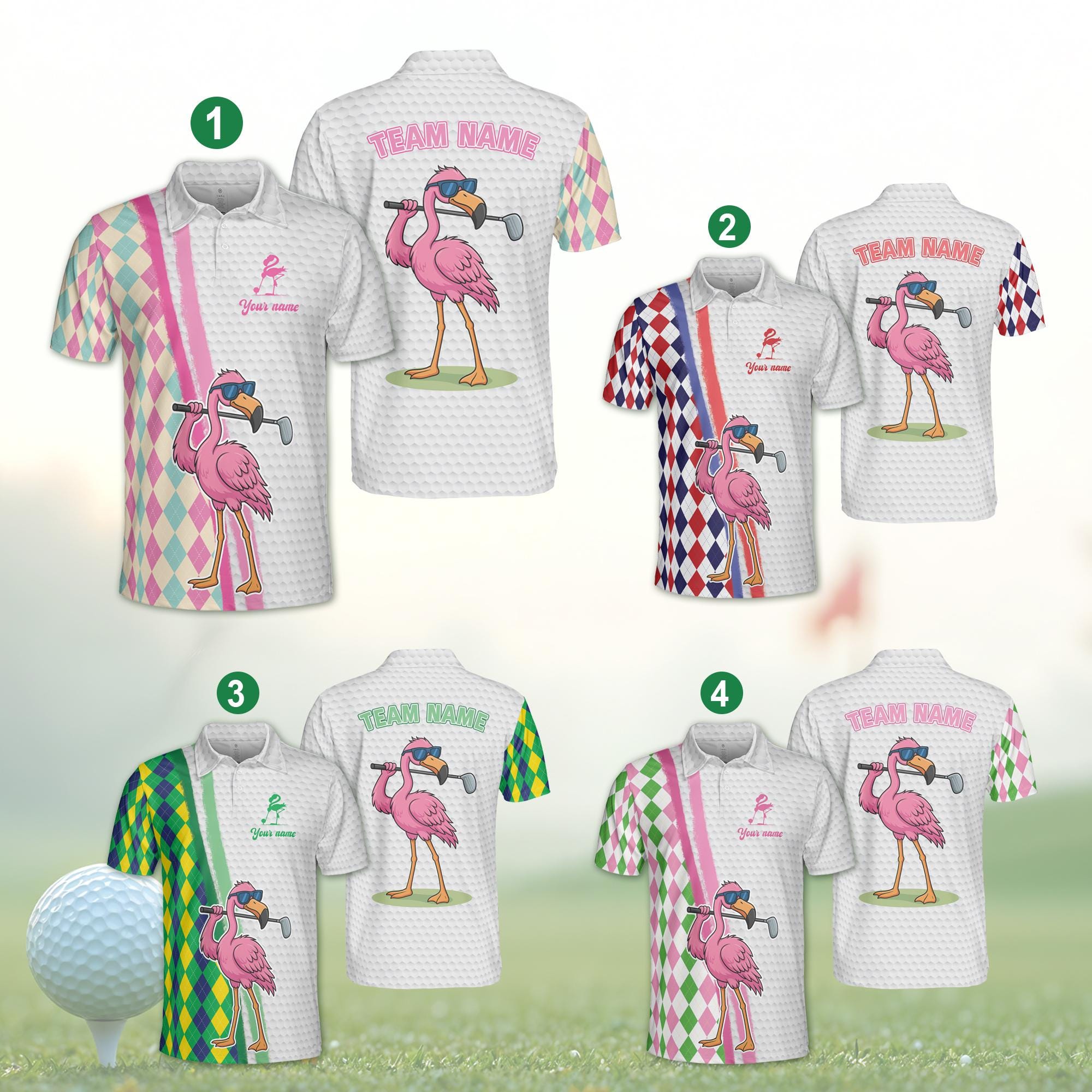 Custom Name Flamingo Golf Team Polo Shirt, Funny Summer Golfer Men Women Sleeveless Polo, Matching Flamingo Golf Team, Argyle Golf Polo Gift