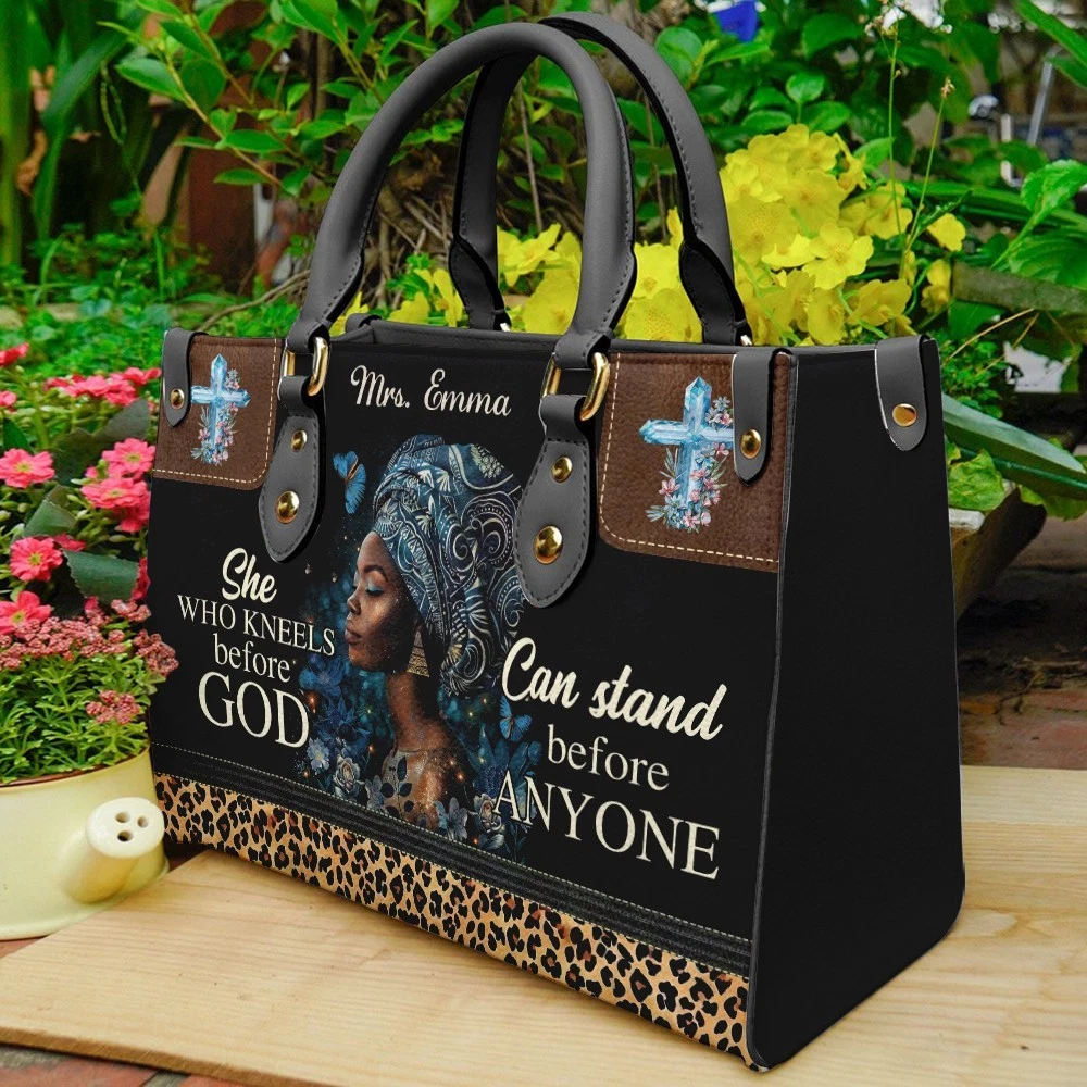Personalized African American She Who Kneels Before God Leather Handbag
