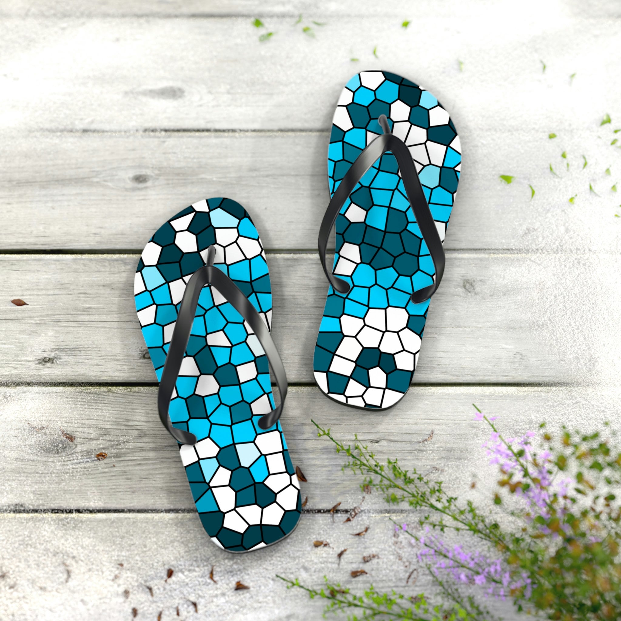 Blue Tiled Flip Flops
