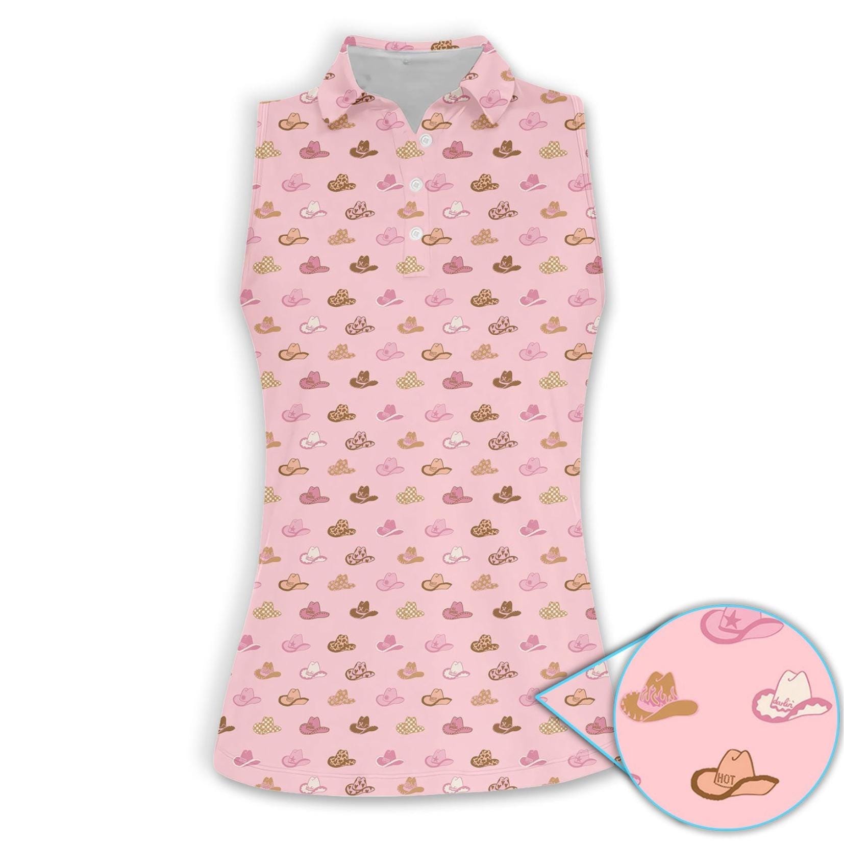 Women’s Sleeveless Polo Shirt with Cowgirl Hat Print, Pink Western Pattern, Summer Country Rodeo Style Top
