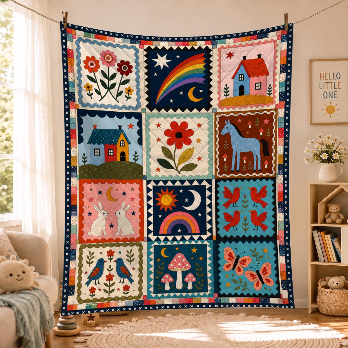Whimsical Folk Art Quilt, Colorful Patchwork Woodland Bedding for Kids' Room Decor