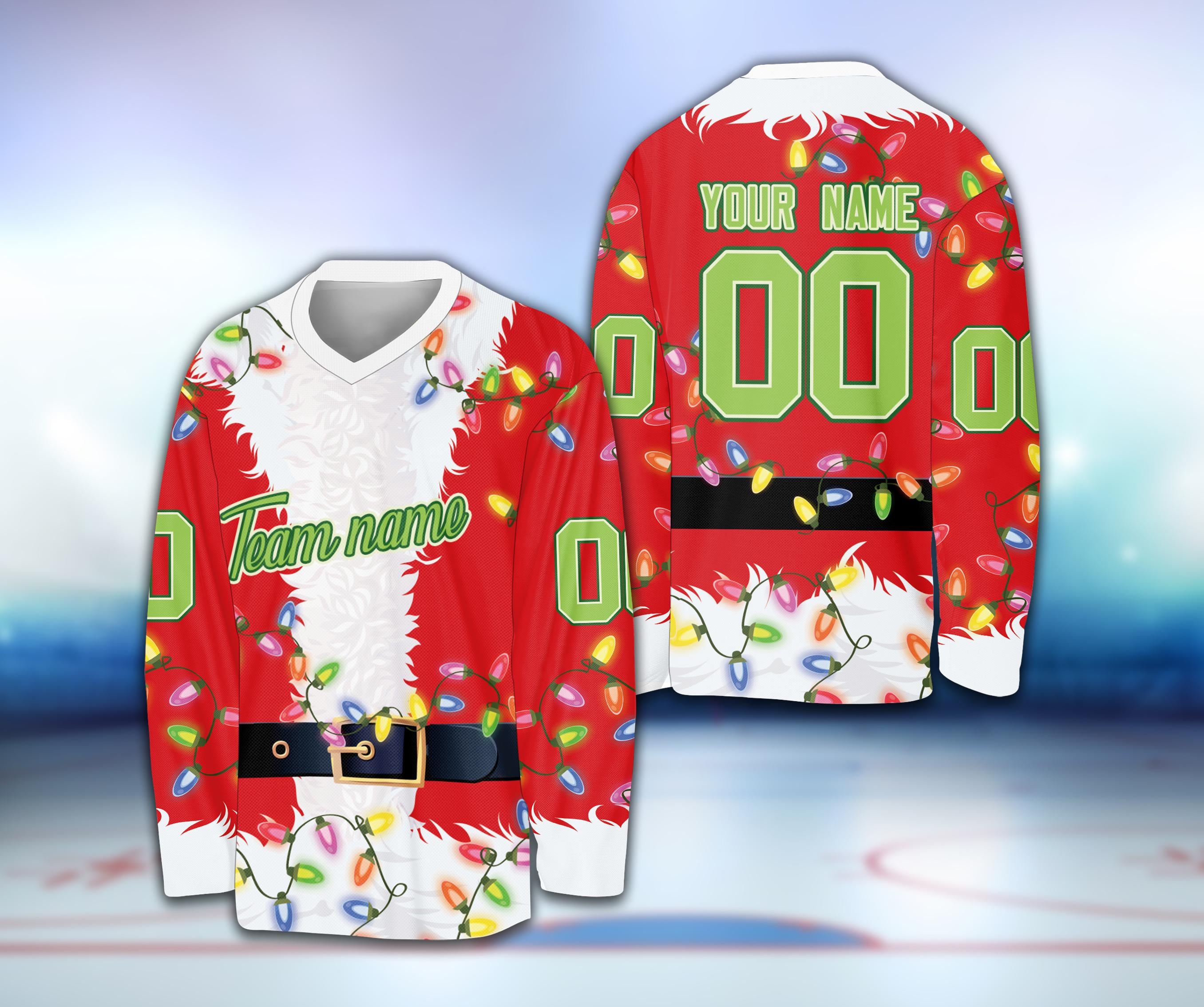 Personalized Christmas Santa Costume Ice Hockey Jersey, Custom Name Number Hockey Shirt, Hockey Team Jersey Game Day Outfit For Hockey Lover