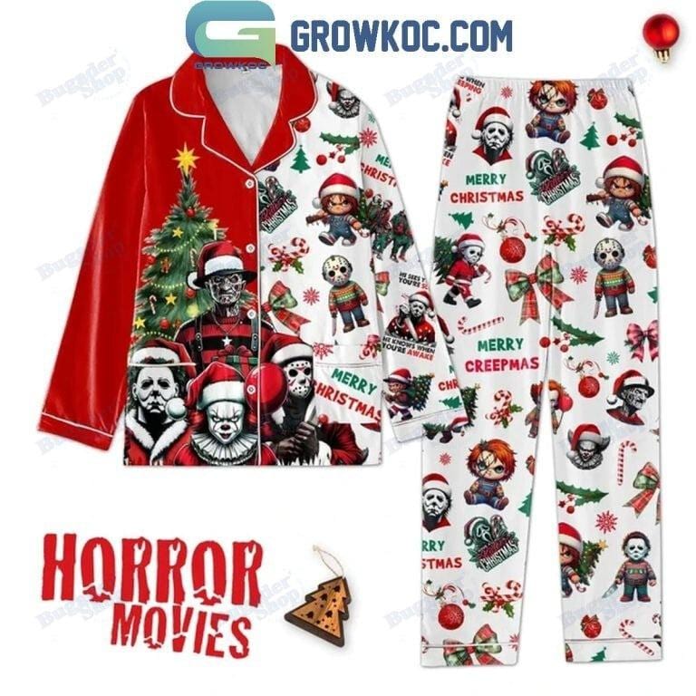 Horror Movie Christmas Pajamas - Funny "Merry Creepmas" Pajama Set - Ideal for Halloween and Christmas Lovers