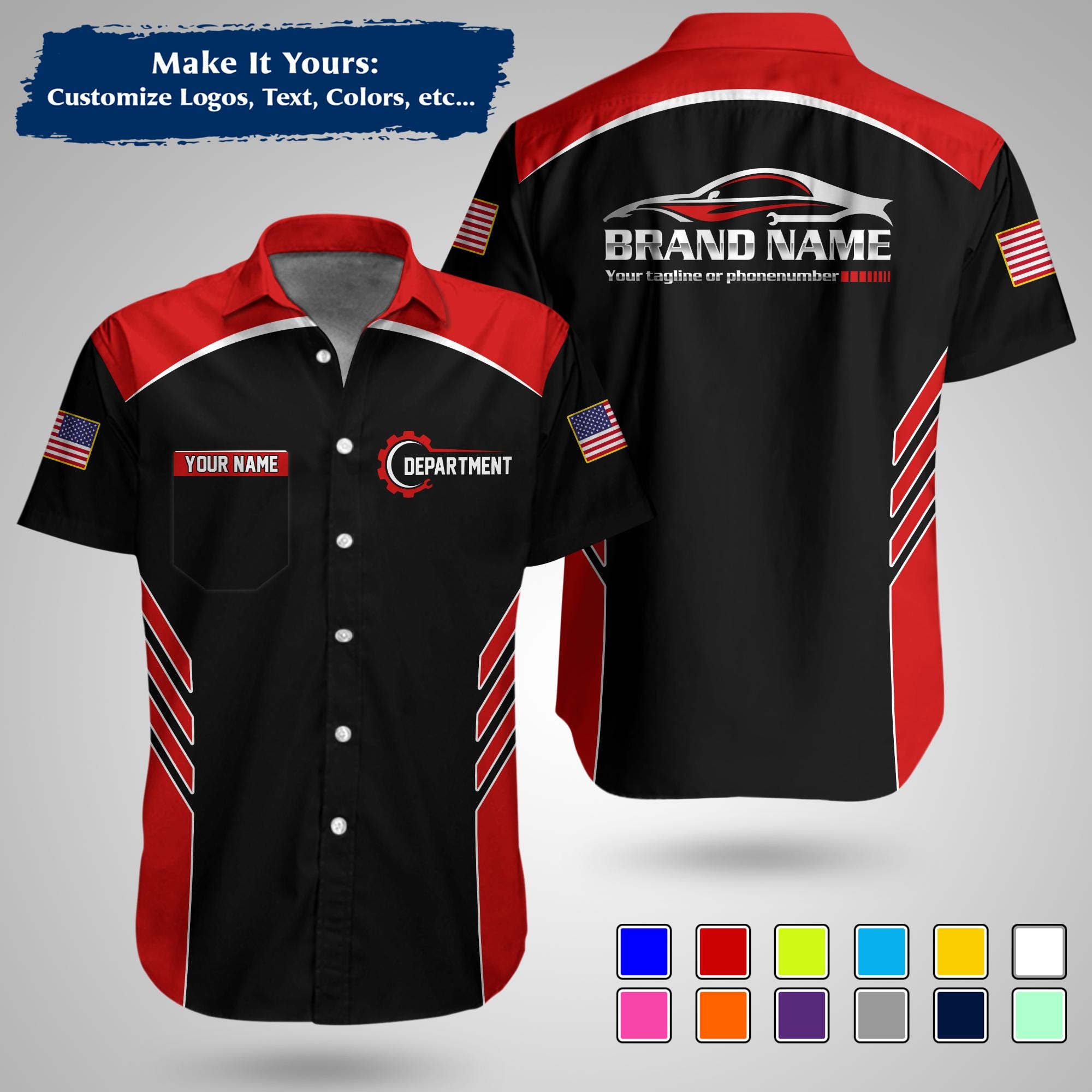 Custom Racing Team Work Shirt | Personalized Name, Logo & Company Text | Pit Crew Uniform