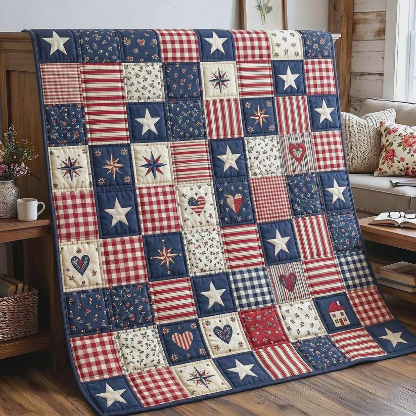Patriotic Patchwork Quilted Blanket, Americana Throw, Farmhouse USA Bedding, Fourth Of July Decor