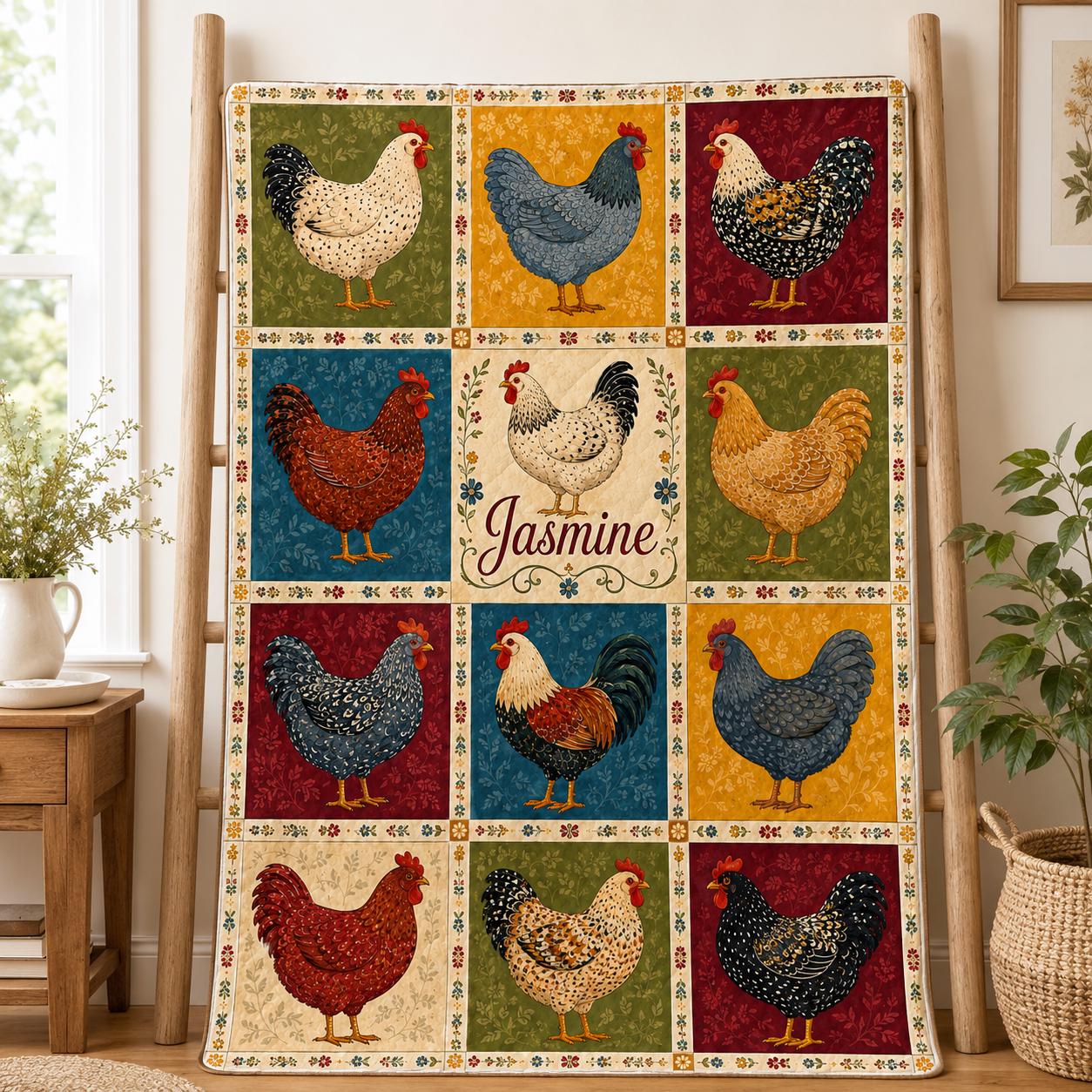 Personalized Chicken Quilt Blanket, Custom Name Farmhouse Patchwork Quilt