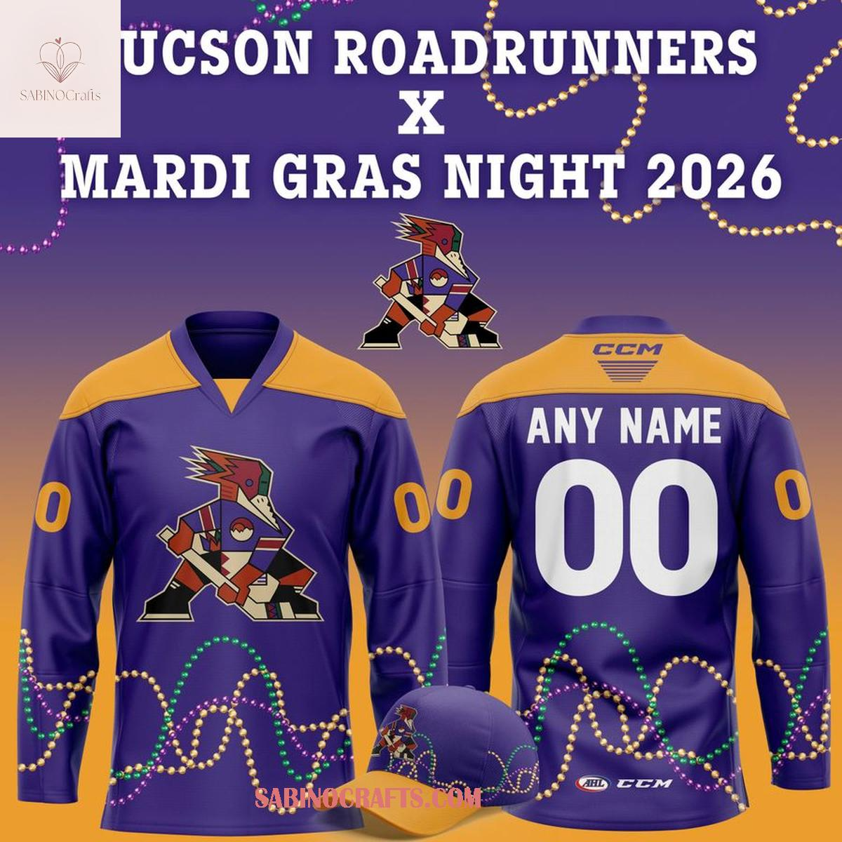 Tucson Roadrunners 2026 Mardi Gras Night Personalized Hockey Jersey