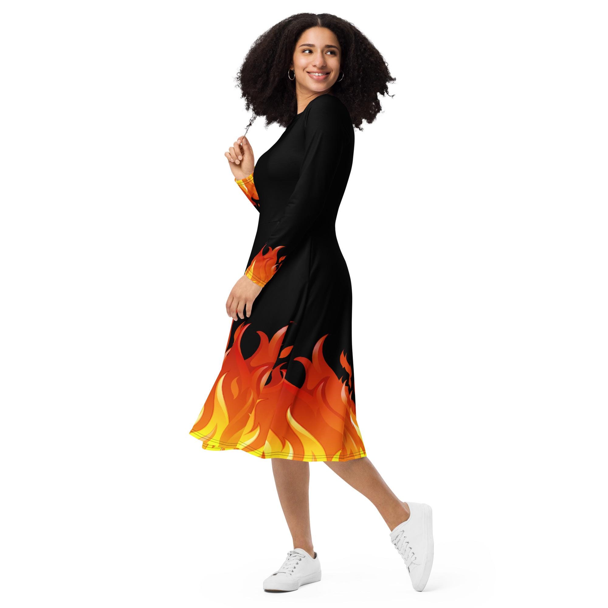 Red Hot Fire | Cosplay Costume | Black Flame All-over print long sleeve midi dress