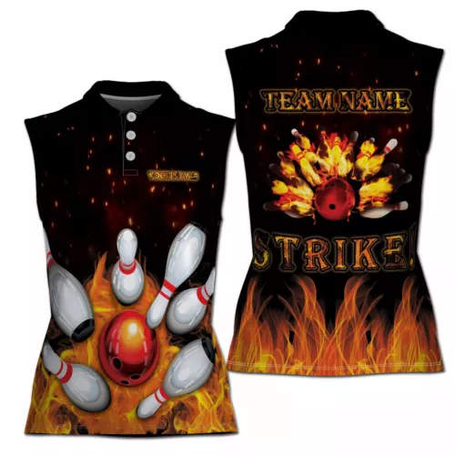Personalized Bowling Strike Play On Fire Women Sleeveless Polo