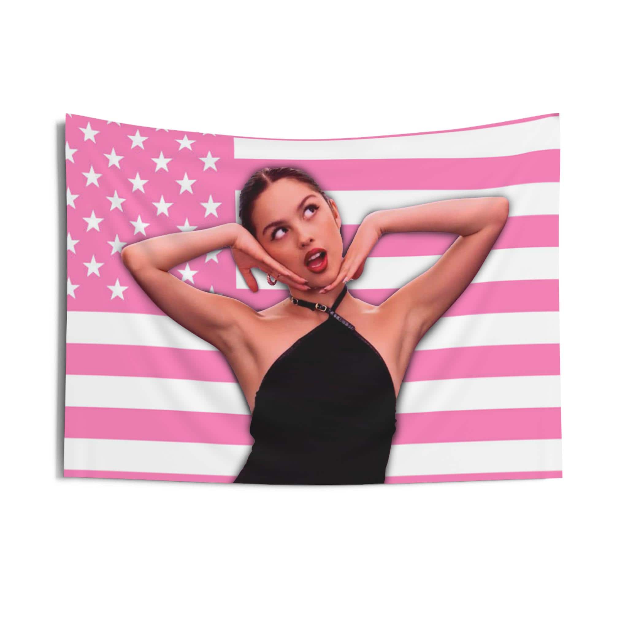 Olivia Rodrigo Pink American Flag Tapestry - Aesthetic Wall Decor, Pop Star Merch, Concert Room Decor, Trendy Olivia Rodrigo Gift