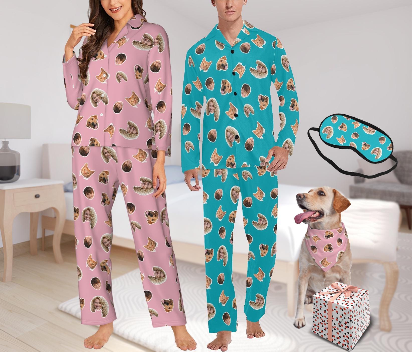 Custom Pajamas, Custom Photo Pyjamas, Custom Pet Dogs Cats Pajamas, Face Pajamas, Anniversary Gifts, Family Gift, Dogs Cats Faces Pajamas