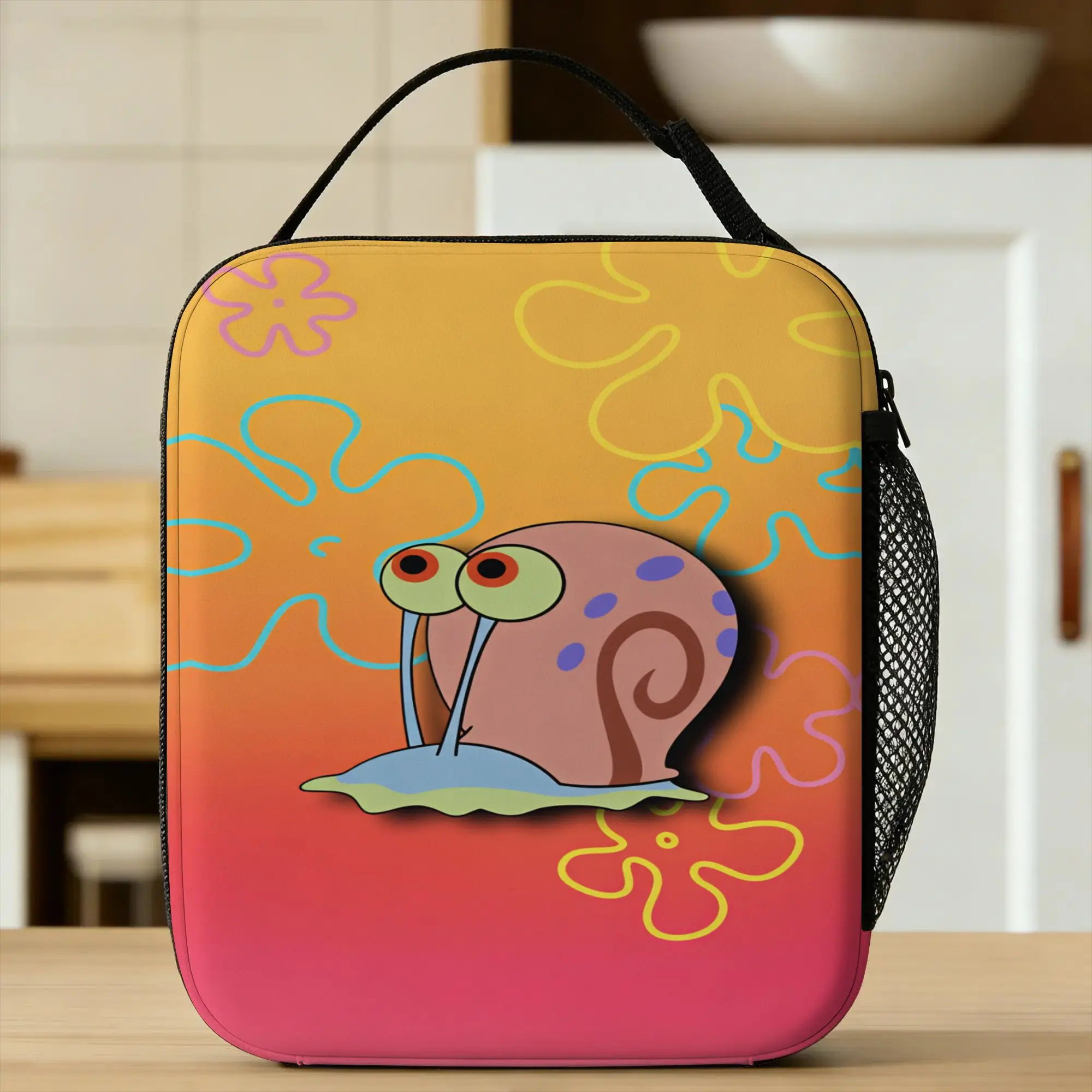 Anime SpongeBob Printed Kids Lunch Bag, Kawaii Oxford Tote Insulated Cooler Bag for Outdoor Picnic, Child Food Storage Bag