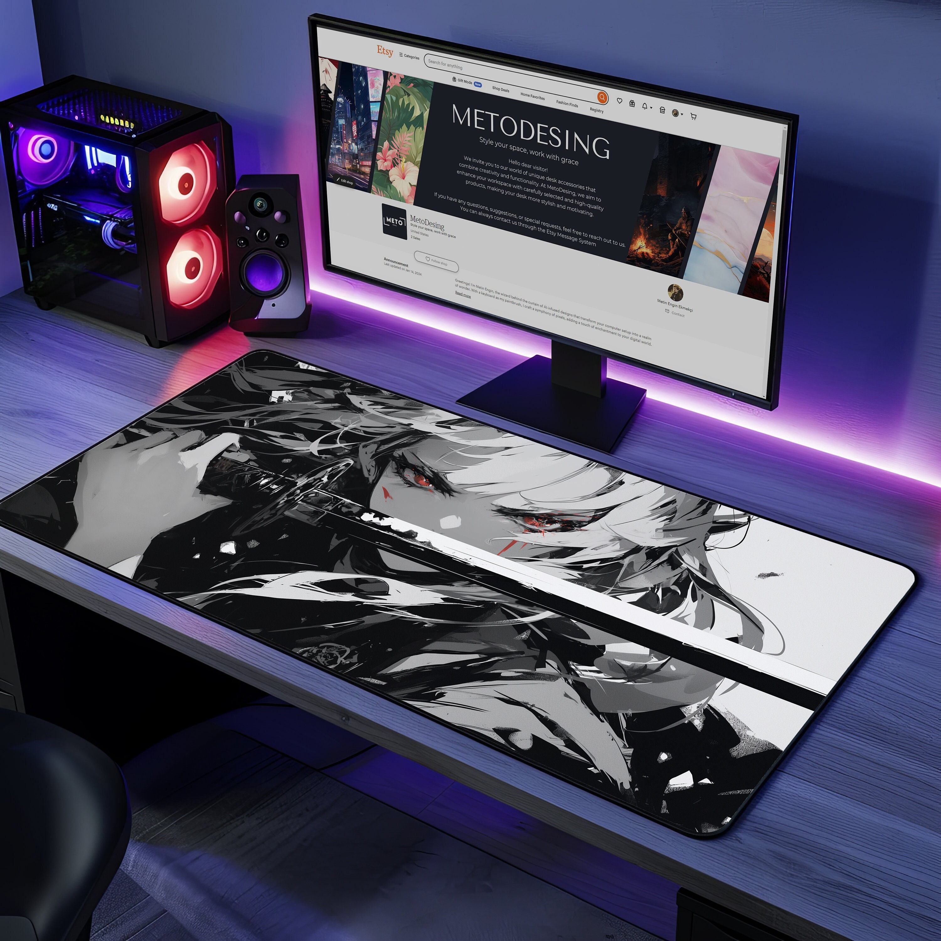 Vampire Anime Girl Non-Slip Desk Mat - Black & White Manga Aesthetic Gaming Mouse Pad