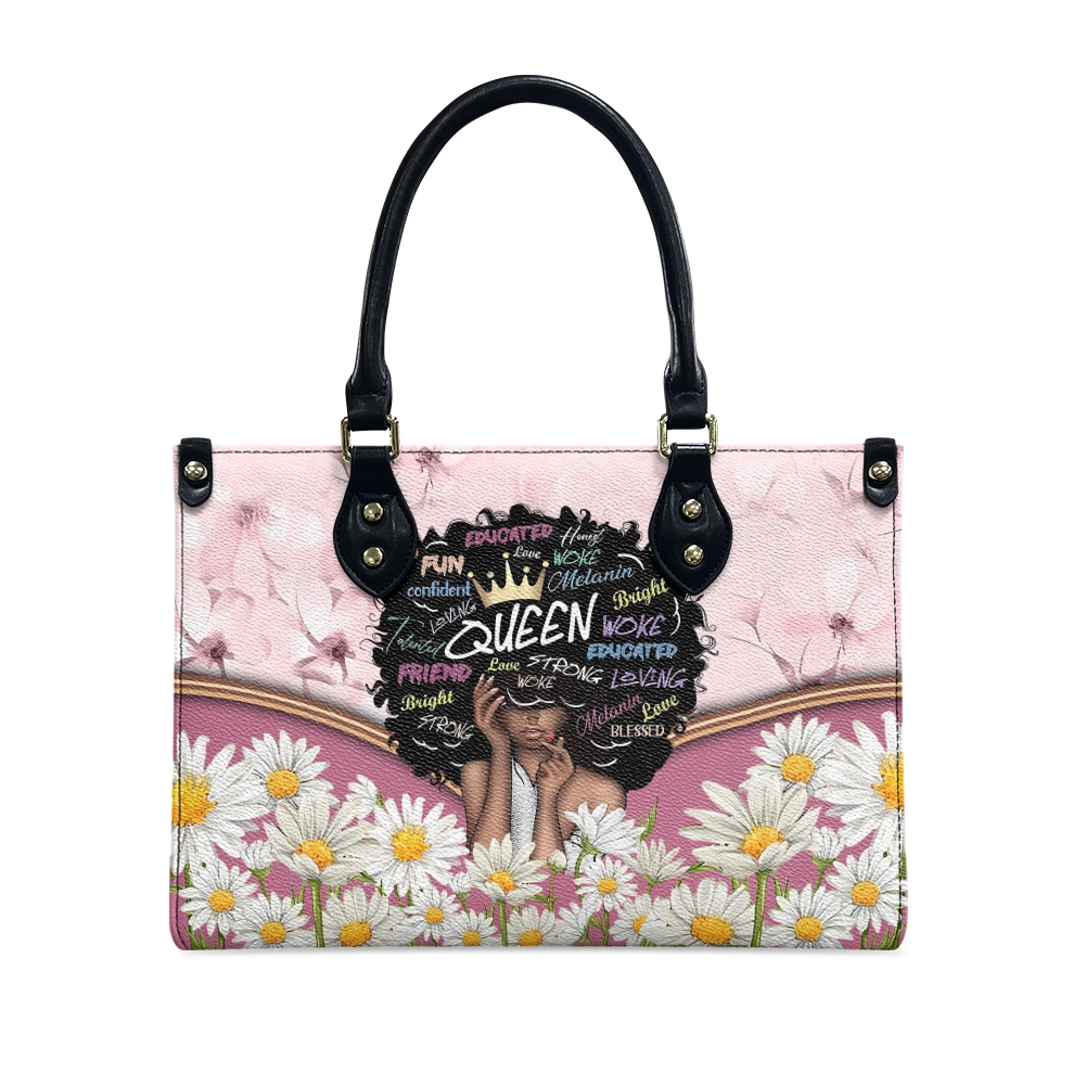 Marchstyle - Black Queen Portrait Leather Handbag, Daisy Flower and African American, Birthday Black Queen,Afro Girl Birthday