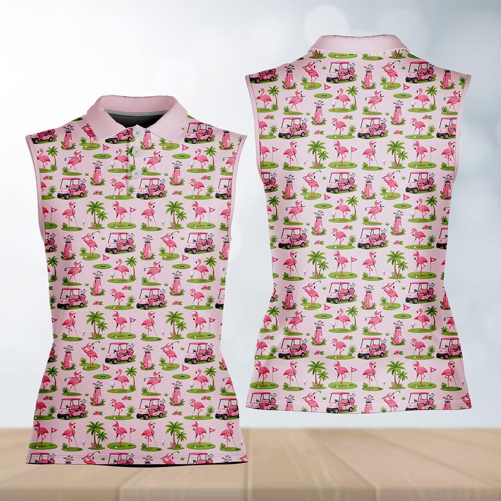 Women's Sleeveless Polo Shirt, Pink Tropical Flamingo Golf Button Up Top, Summer Vacation Golfer Apparel